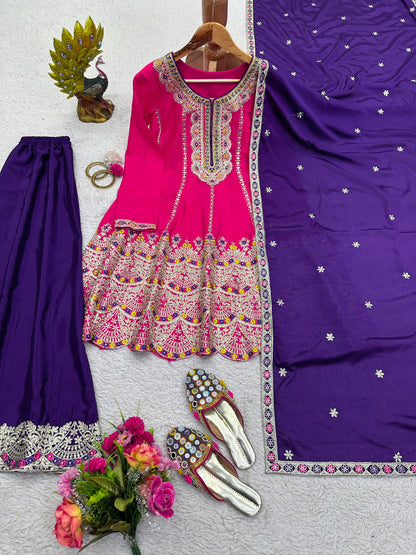 Wonderful Purple With Pink Palazzo Suit