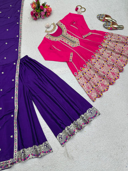 Wonderful Purple With Pink Palazzo Suit