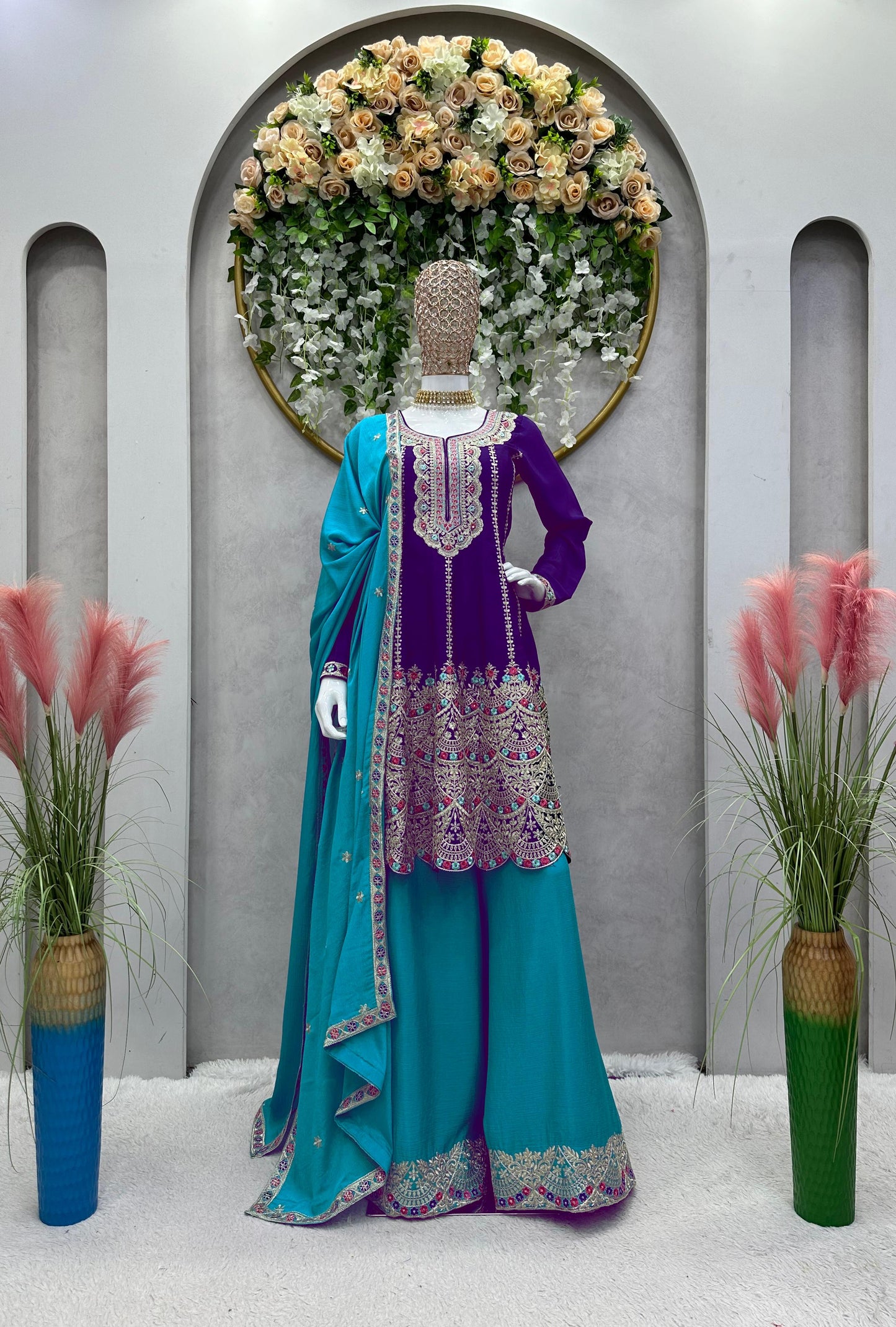 Wonderful Purple With Sky Blue Palazzo Suit