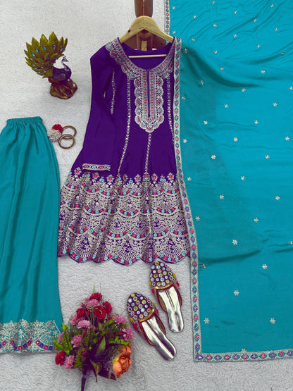 Wonderful Purple With Sky Blue Palazzo Suit