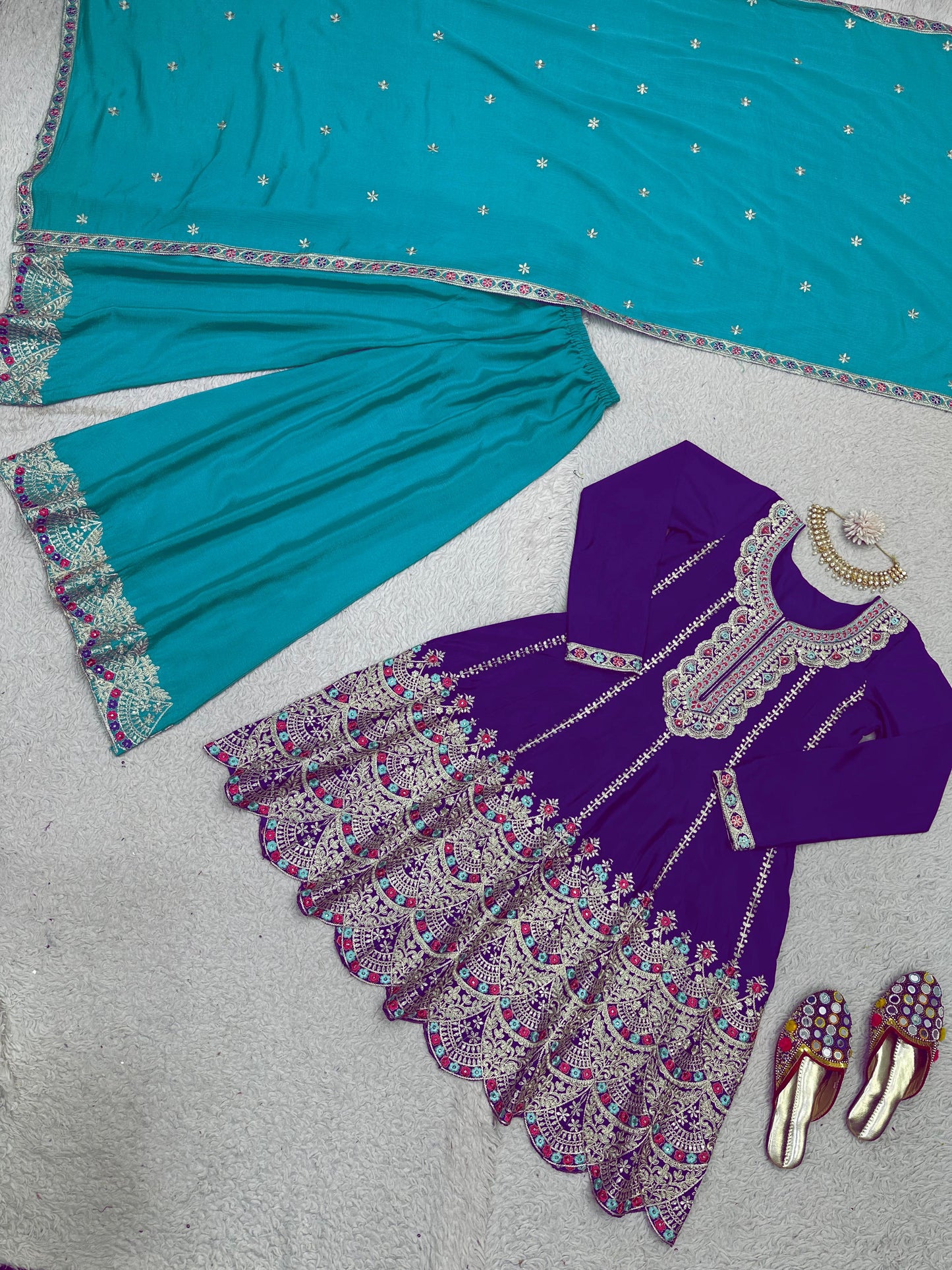 Wonderful Purple With Sky Blue Palazzo Suit