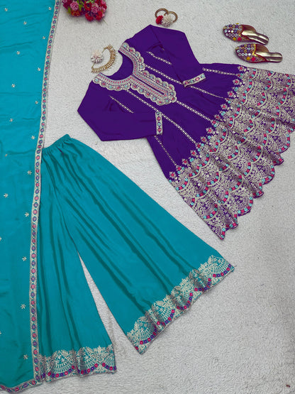 Wonderful Purple With Sky Blue Palazzo Suit