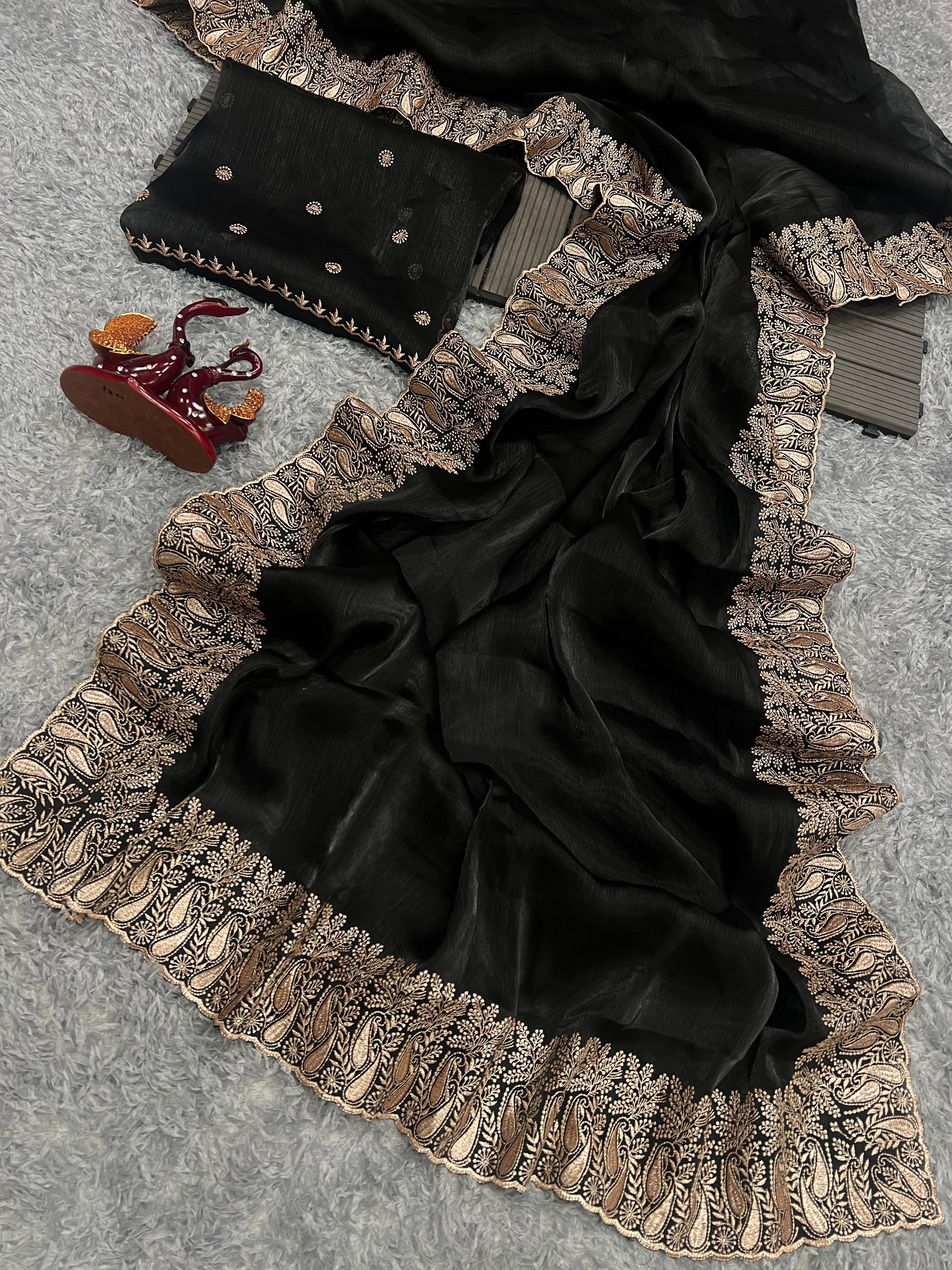 Black Color Golden Zari Embroidery Lace Border Work Saree