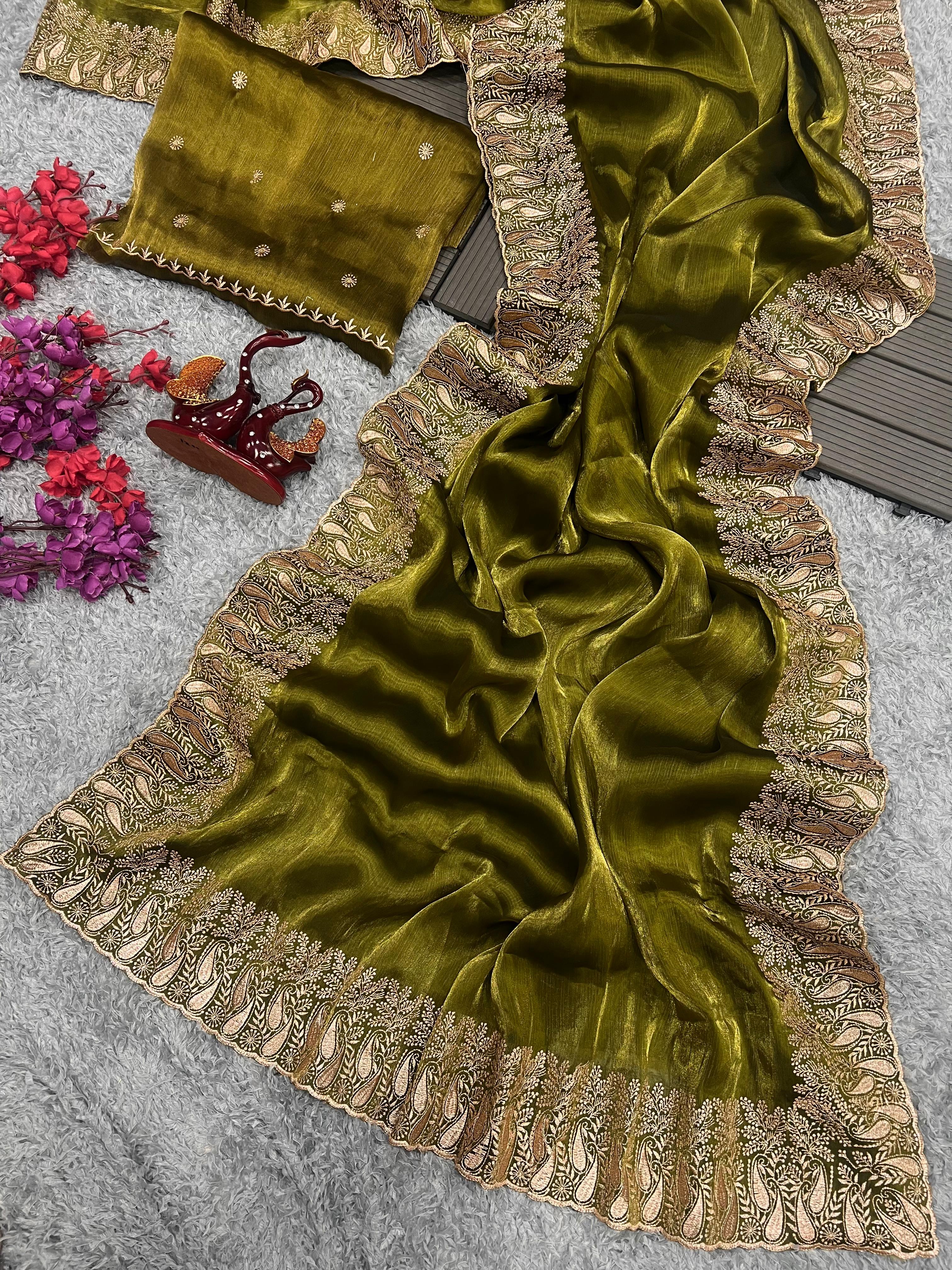 Mehndi Color Golden Zari Embroidery Lace Border Work Saree