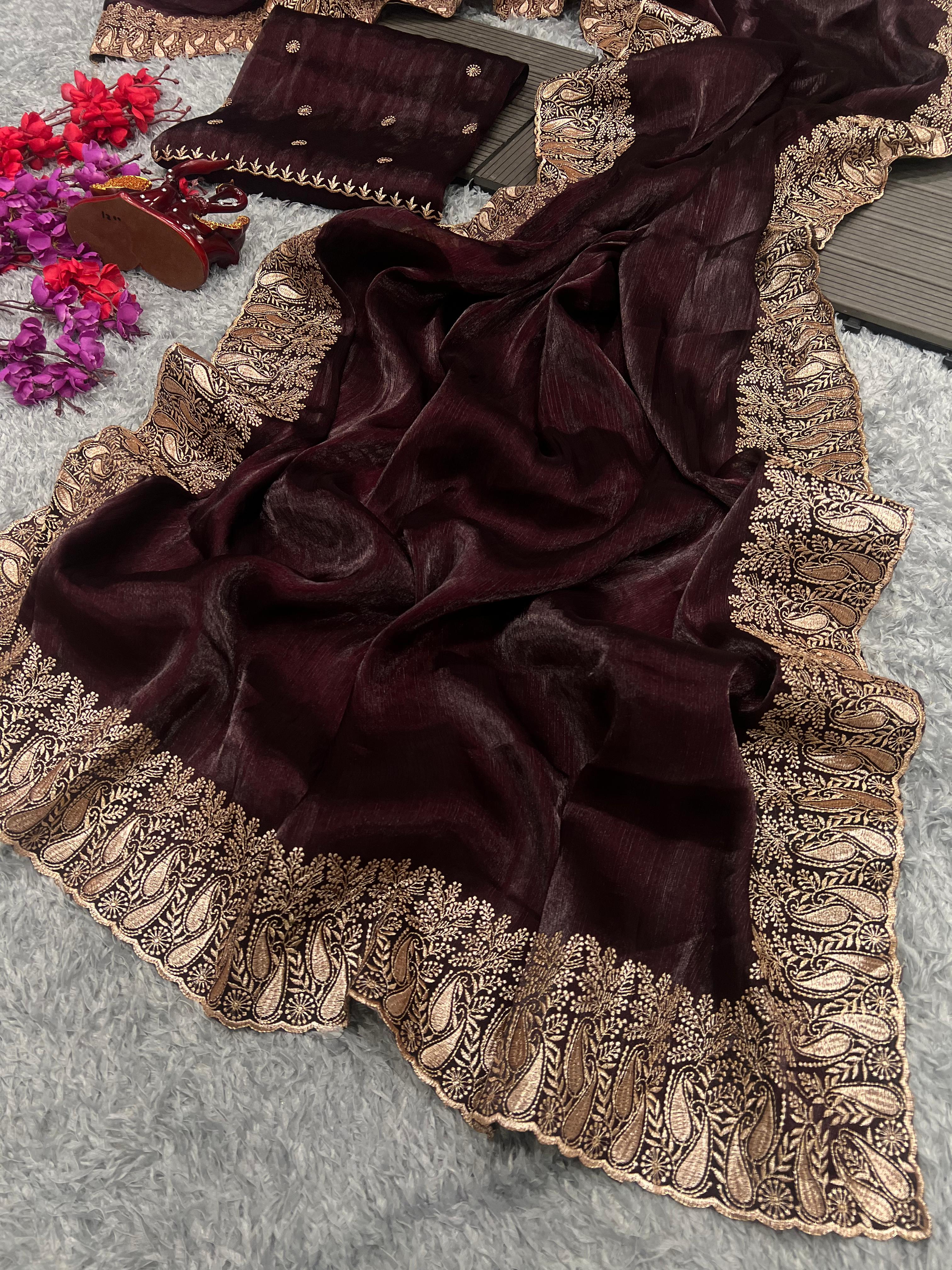 Maroon Color Golden Zari Embroidery Lace Border Work Saree