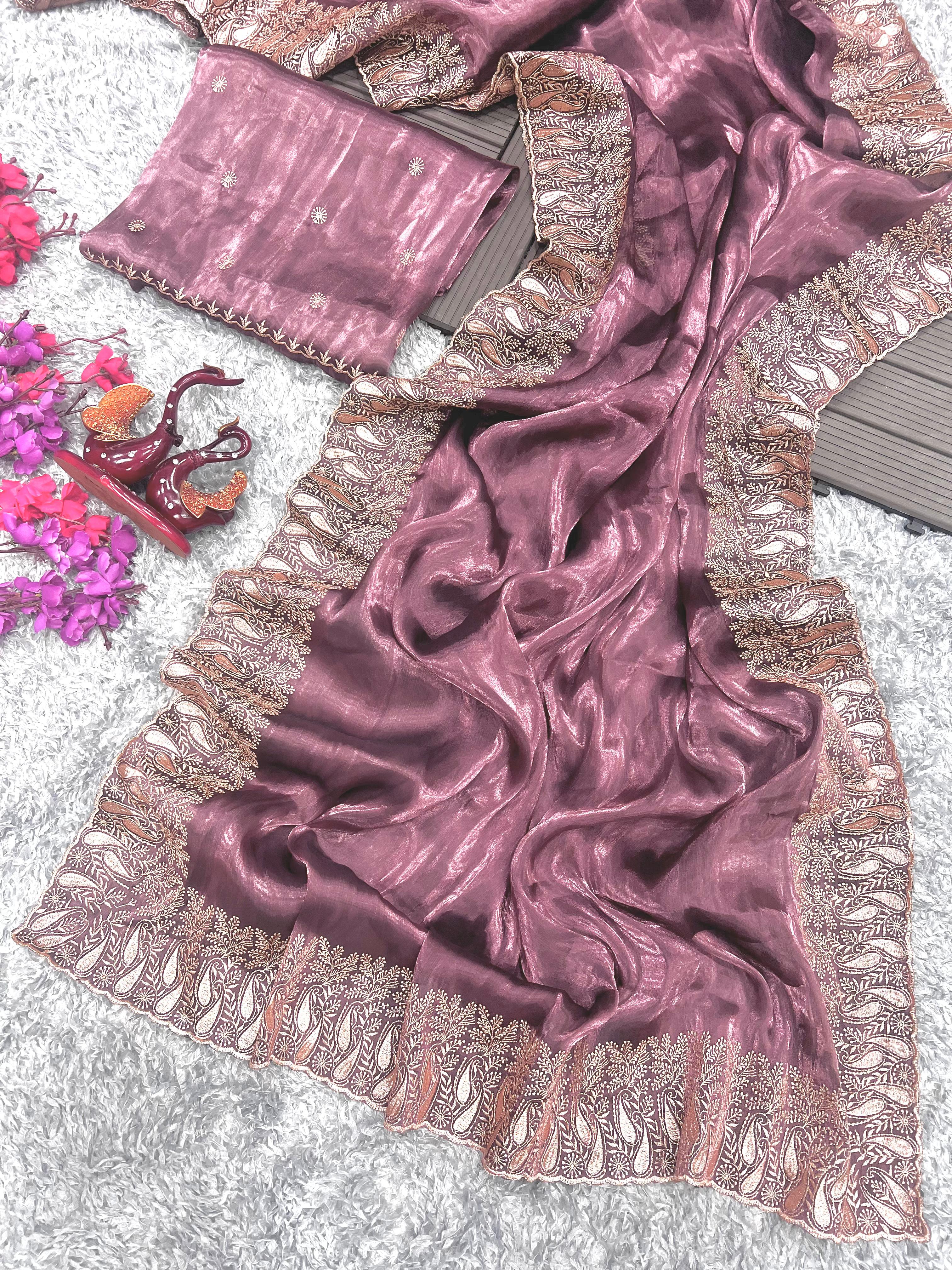 Dusty Pink Color Golden Zari Embroidery Lace Border Work Saree