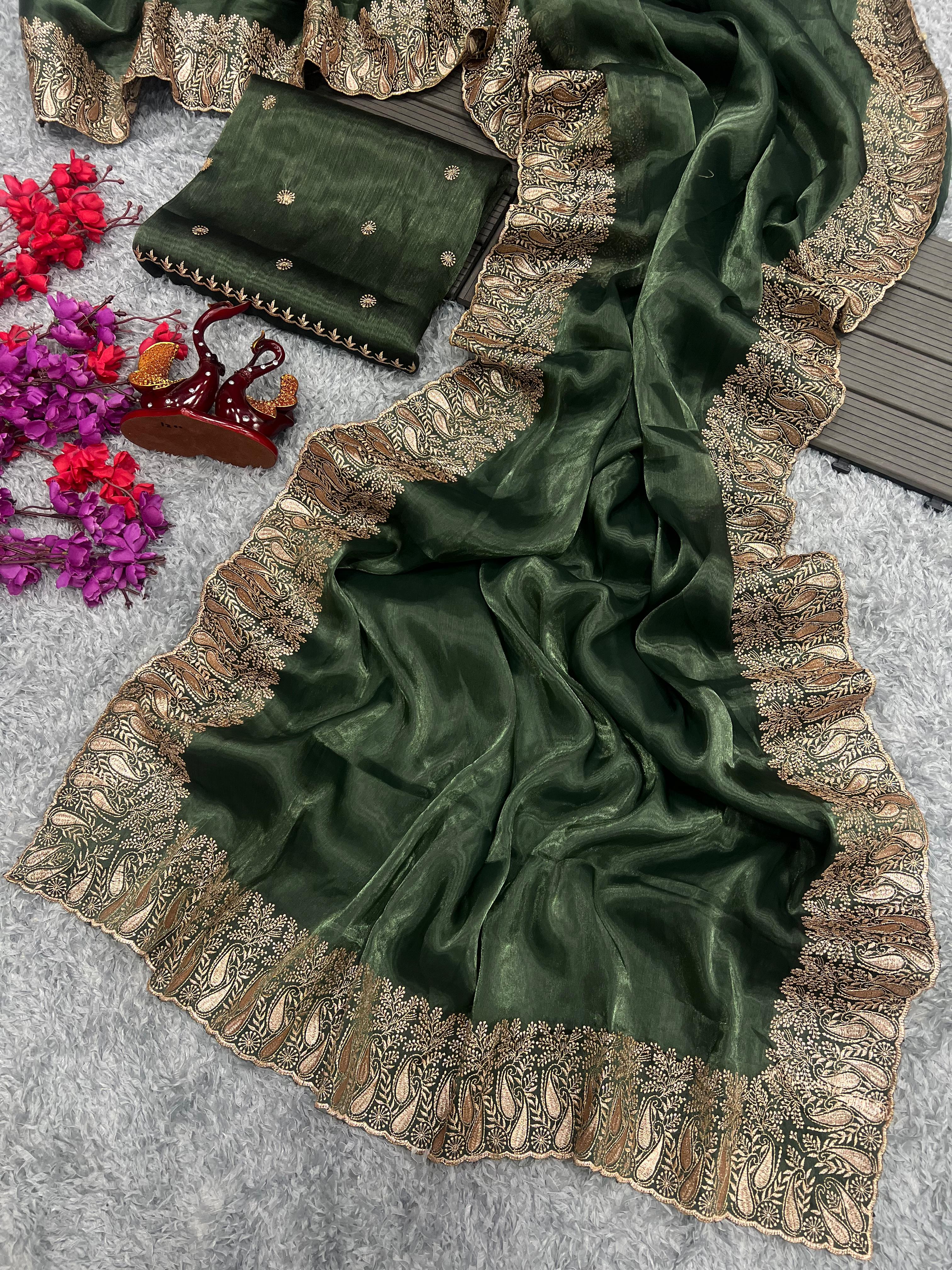 Green Color Golden Zari Embroidery Lace Border Work Saree