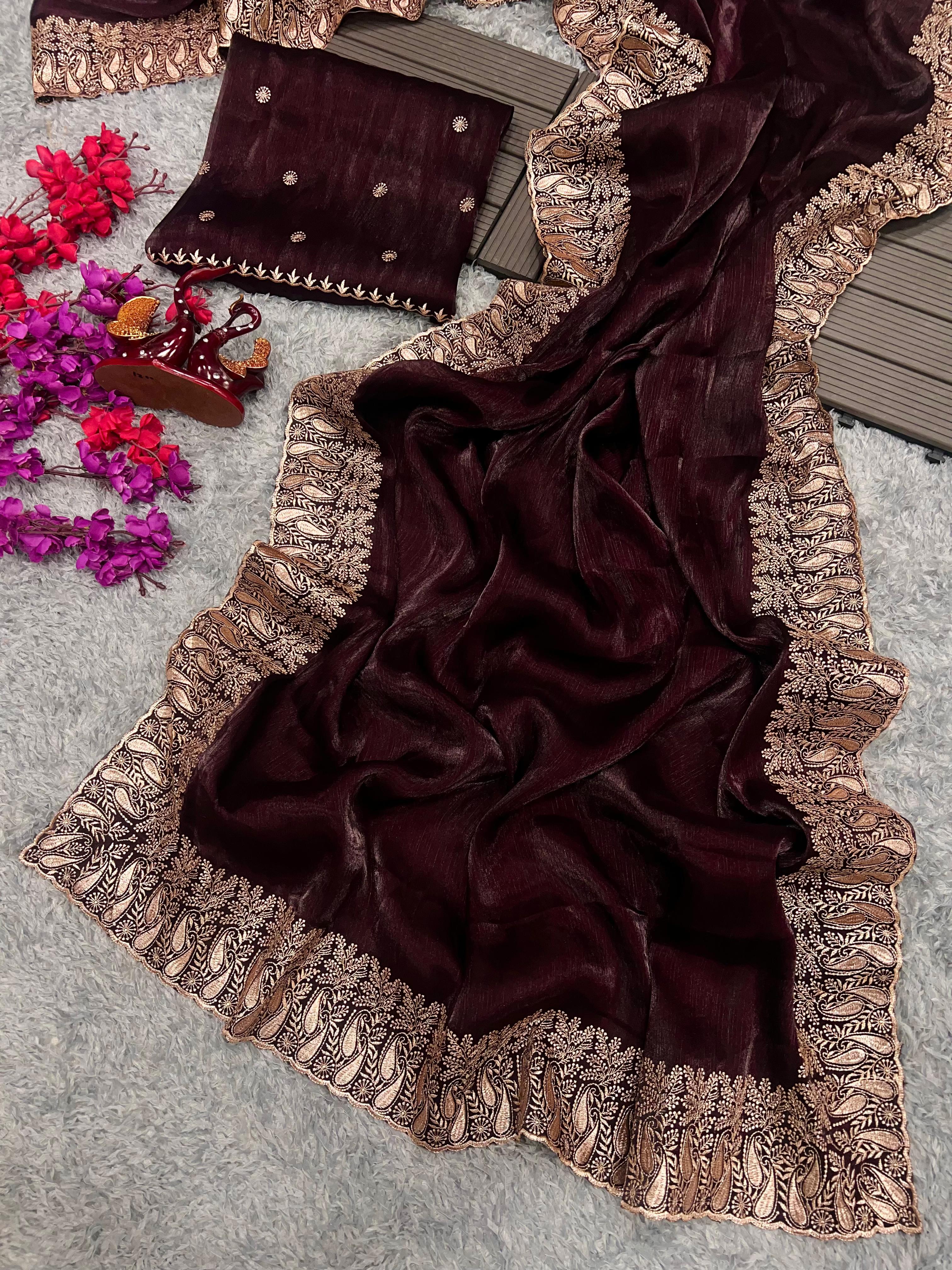 Maroon Color Golden Zari Embroidery Lace Border Work Saree