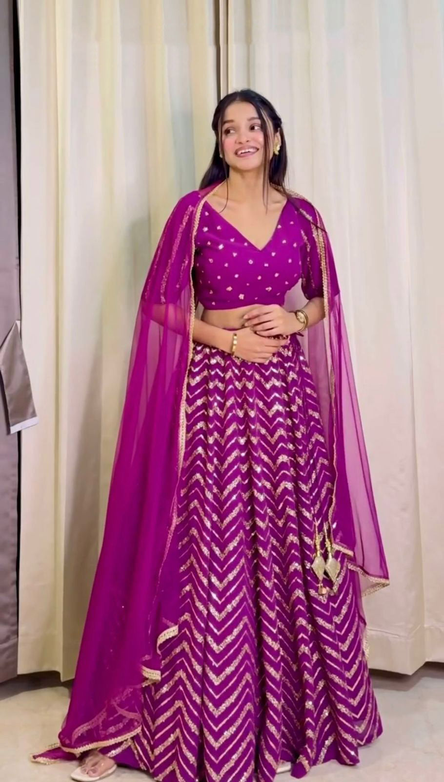 Dark Pink Lehenga Choli Set With Zig Zag Embroidery Work