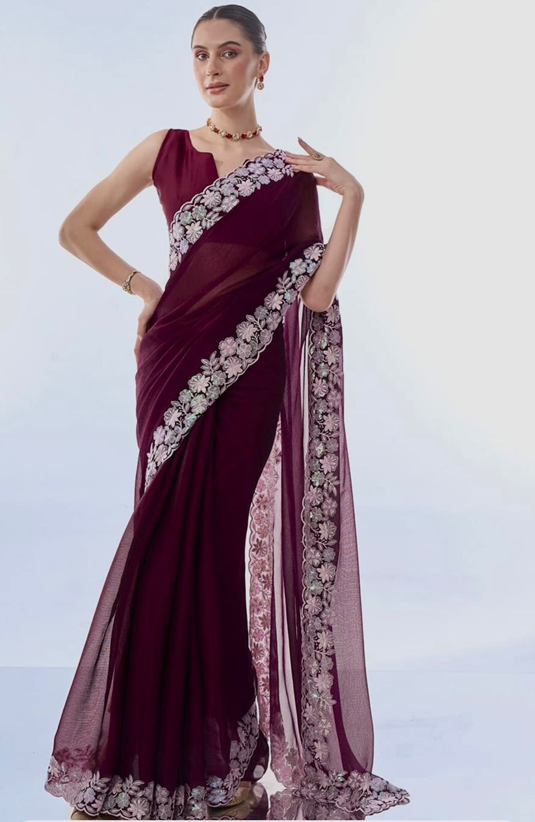 Embellished Wine Color Heavy Lace Border Saree