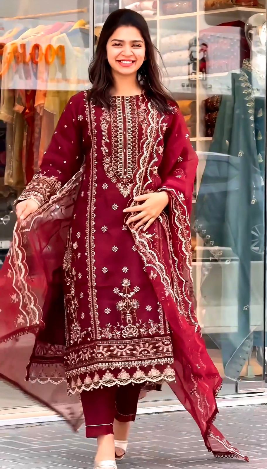 Red Color Embroidery Work Organza Pakistani Suit