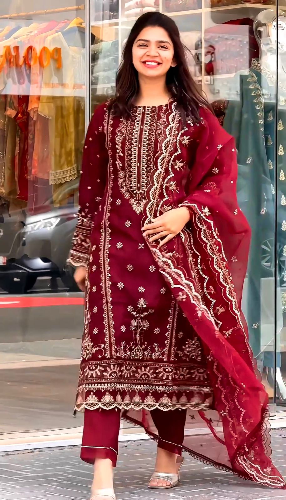 Red Color Embroidery Work Organza Pakistani Suit