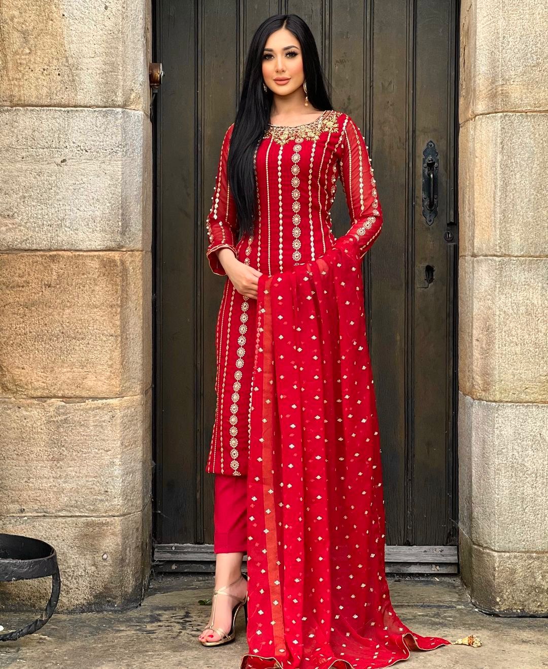 Luxuriant Full Work Red Color Kurti Pant With Dupatta