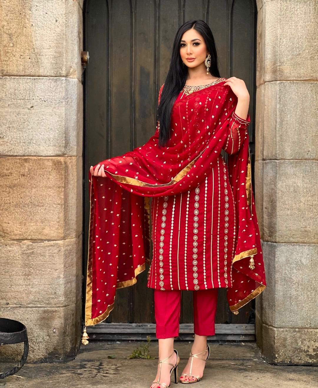 Luxuriant Full Work Red Color Kurti Pant With Dupatta