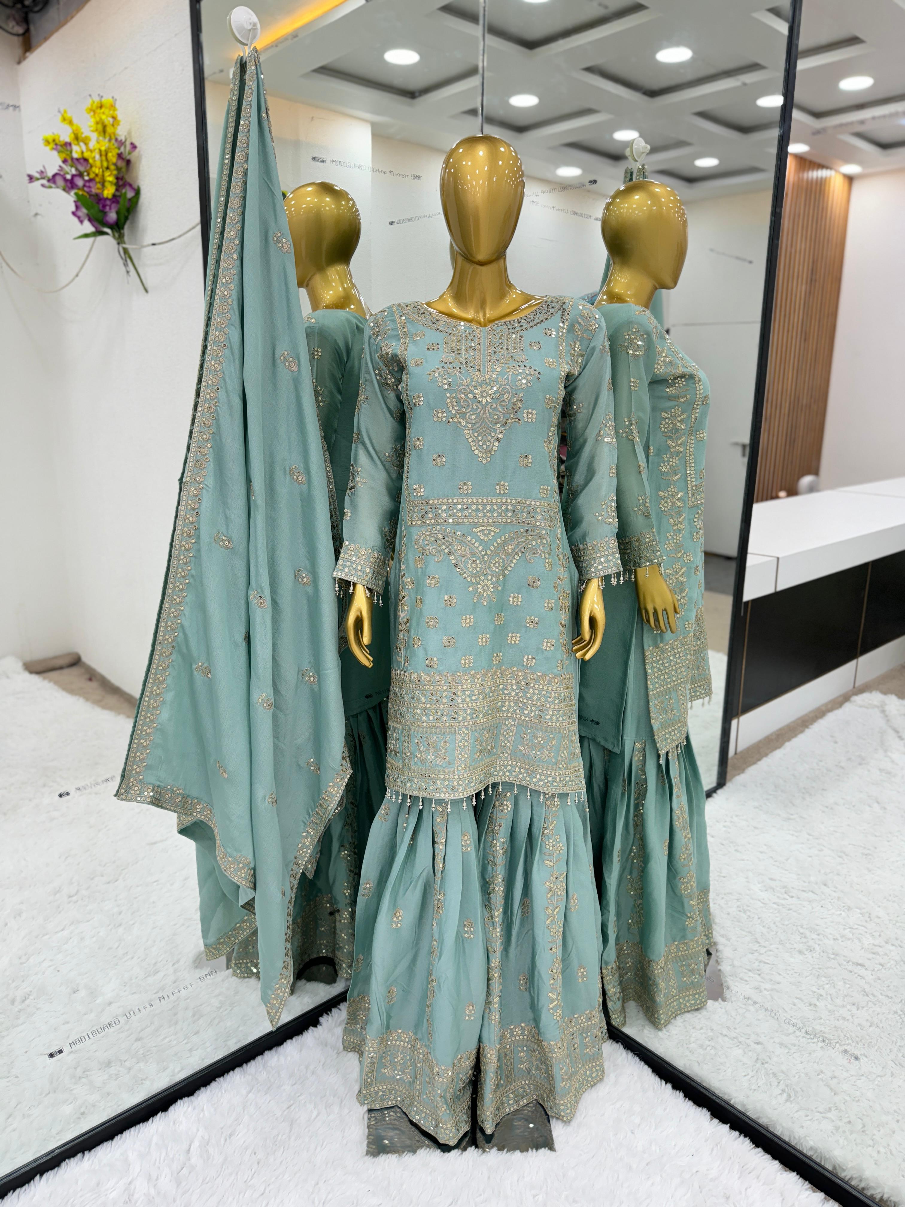 Awesome Embroidery Work Sky Blue Color Sharara Suit