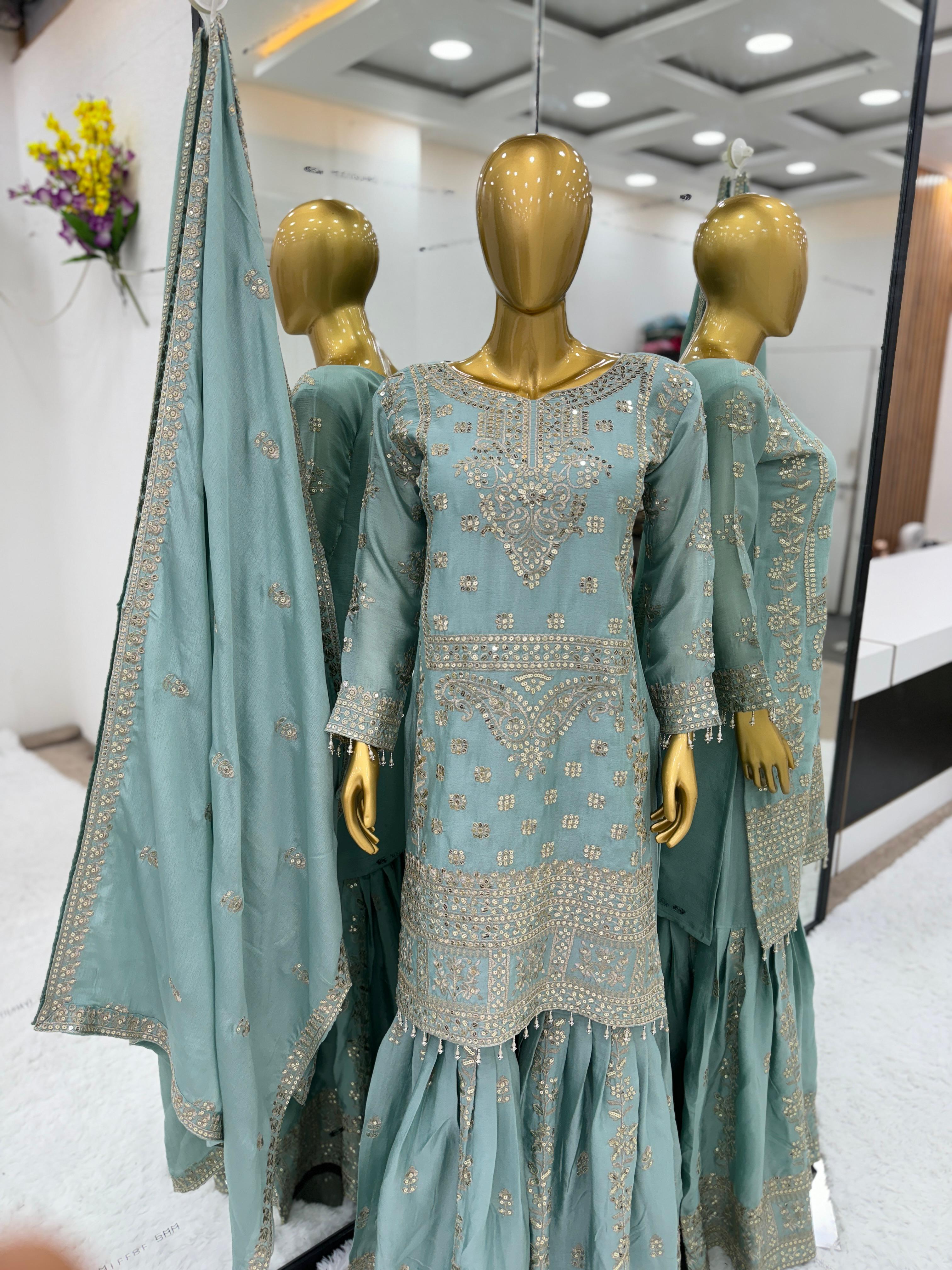 Awesome Embroidery Work Sky Blue Color Sharara Suit