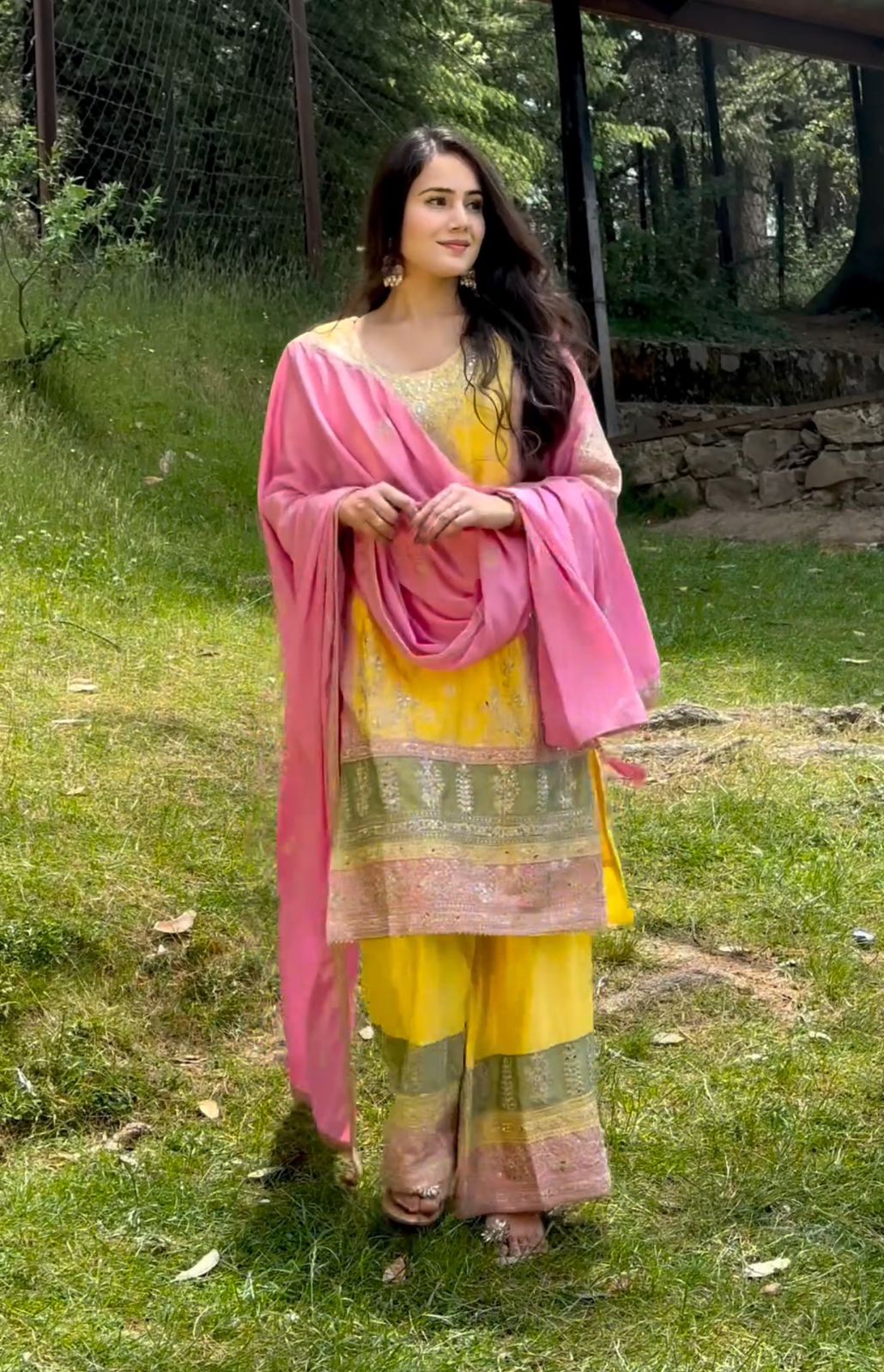 Beautiful Yellow Color Palazzo Suit With Pink Dupatta