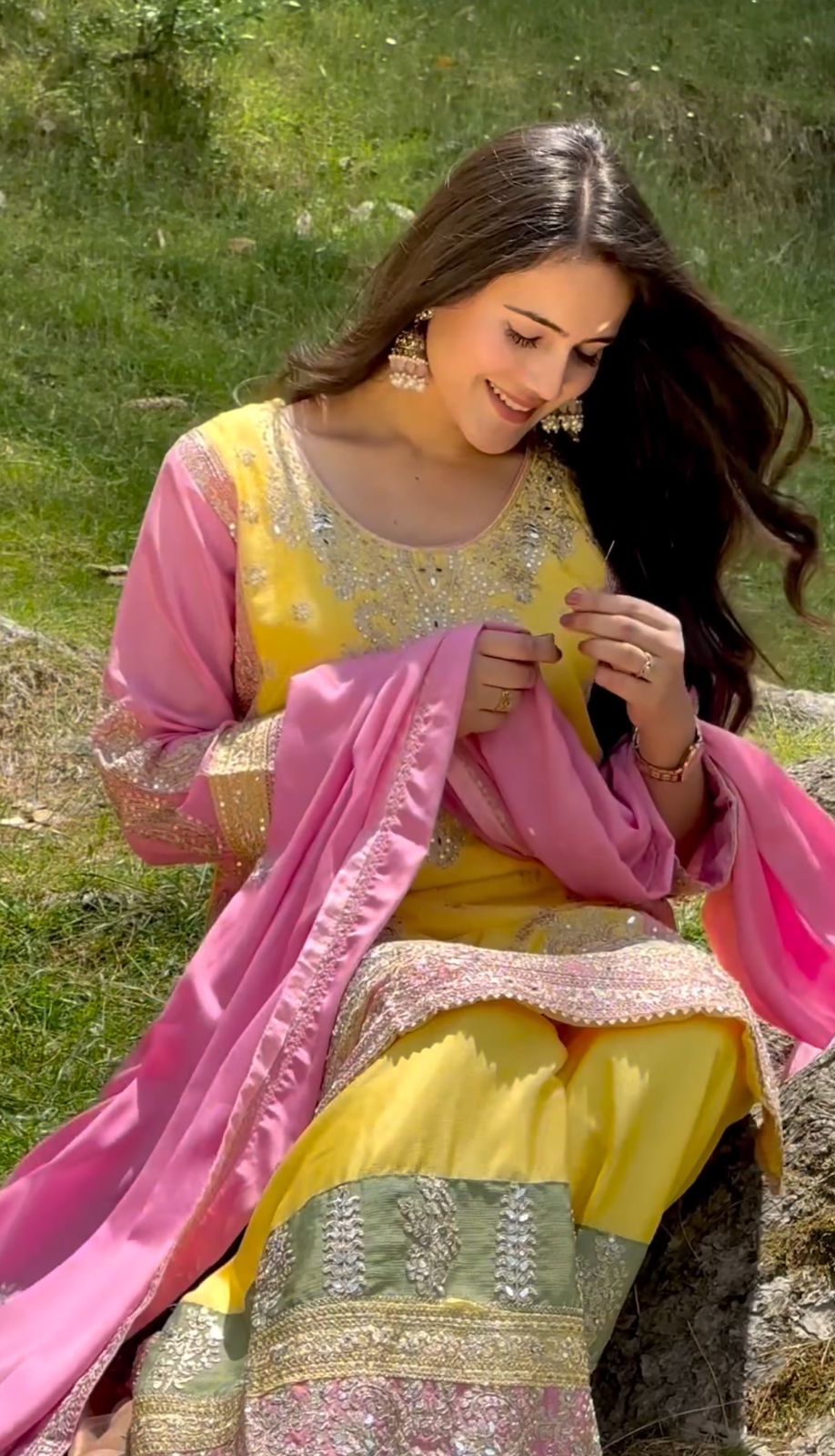 Beautiful Yellow Color Palazzo Suit With Pink Dupatta