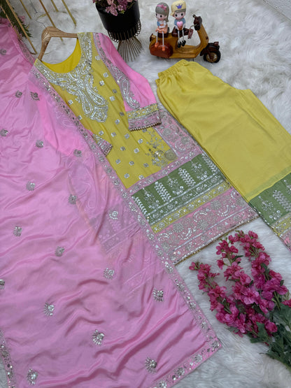 Beautiful Yellow Color Palazzo Suit With Pink Dupatta