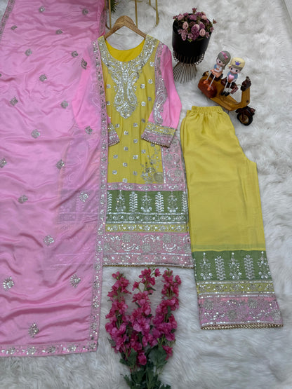 Beautiful Yellow Color Palazzo Suit With Pink Dupatta