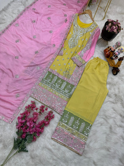 Beautiful Yellow Color Palazzo Suit With Pink Dupatta