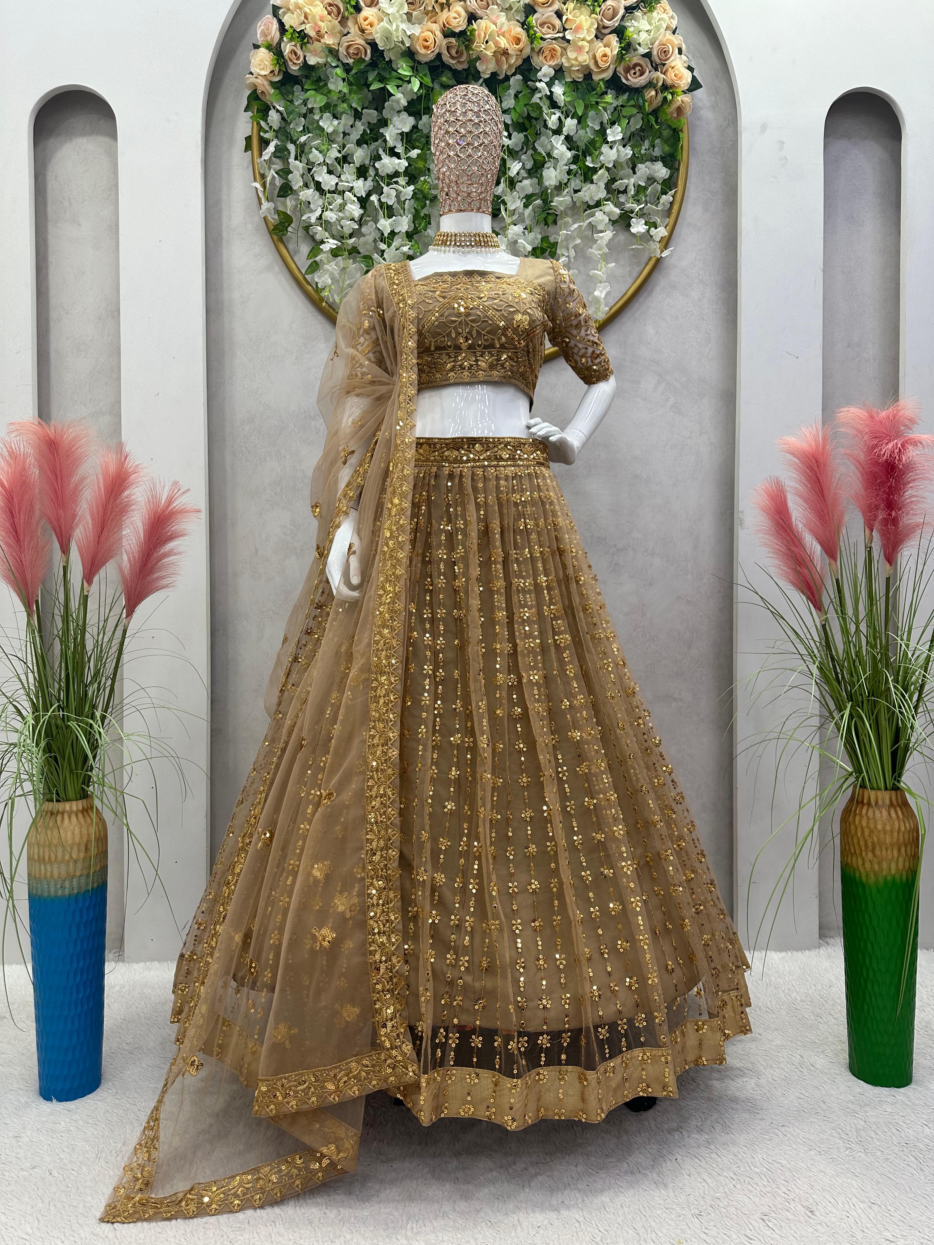 Exclusive Butterfly Net Beige Color Work Lehenga Choli