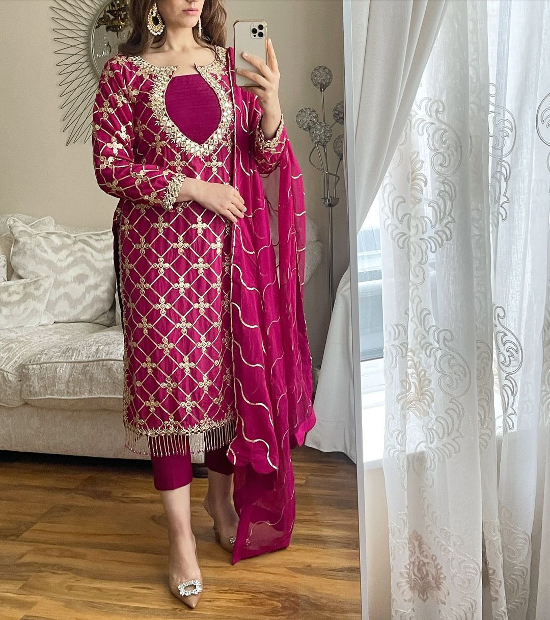 Outstanding  Dark Pink Sequence Work Kurti Pant With Dupatta