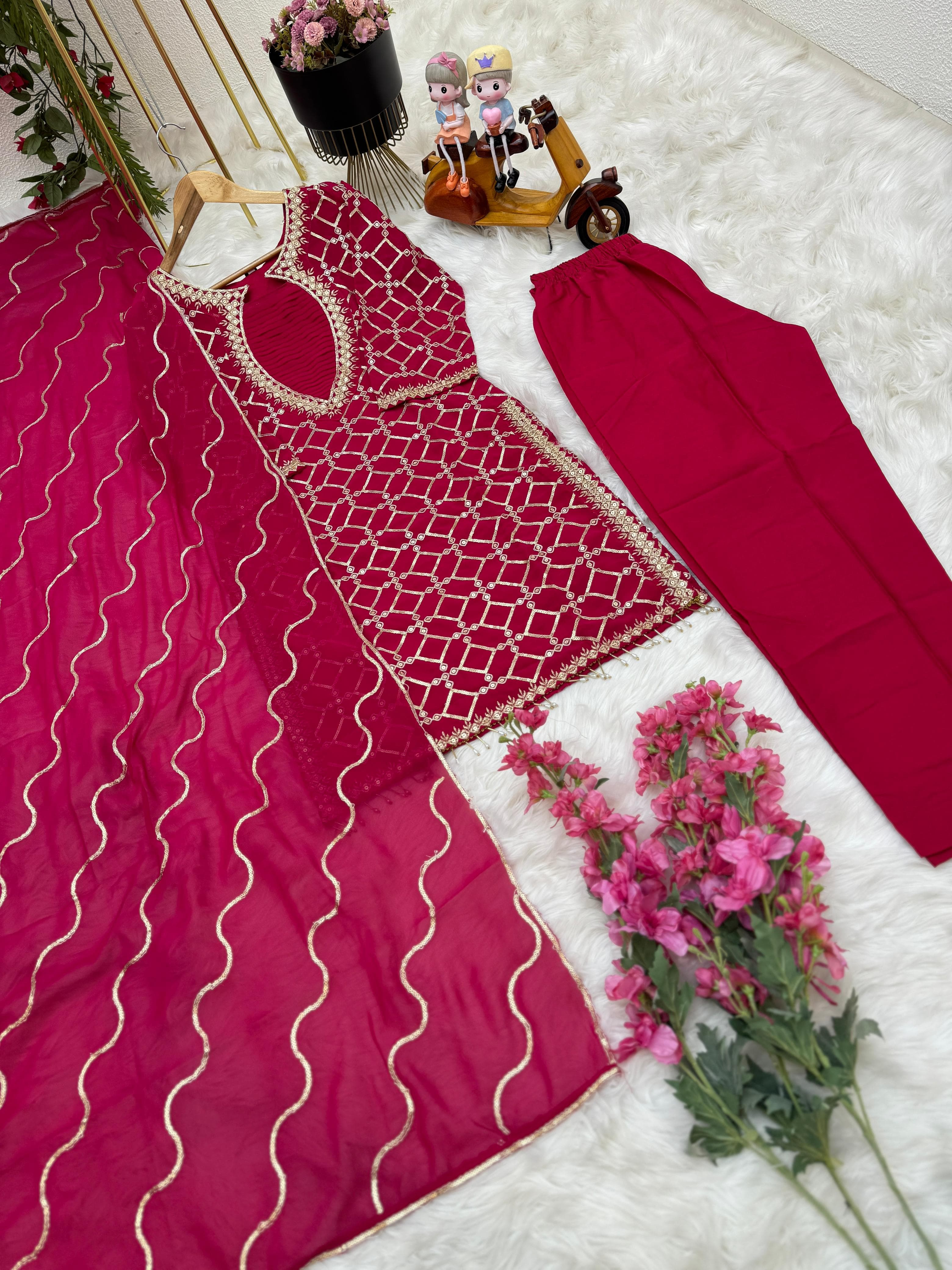 Outstanding  Dark Pink Sequence Work Kurti Pant With Dupatta