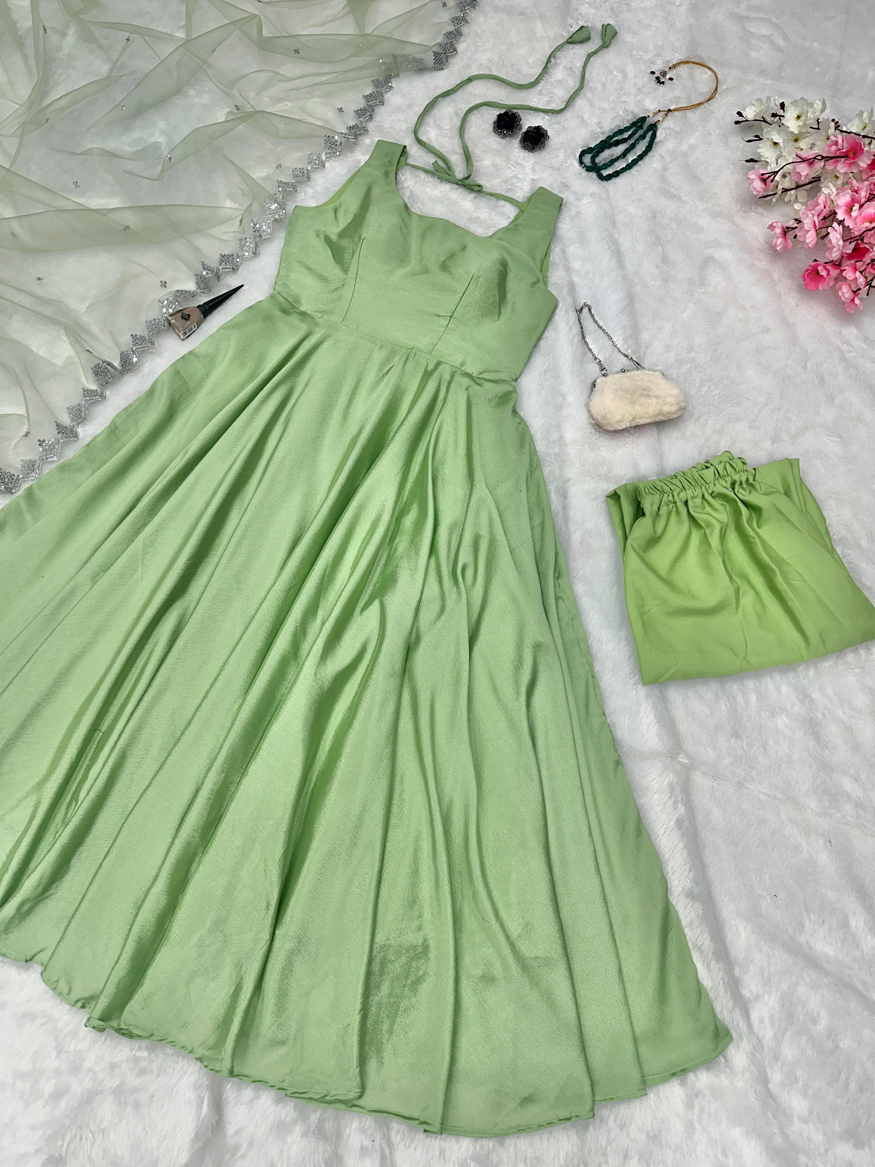 Shining Plain Green Color Anarkali Gown With Work Dupatta