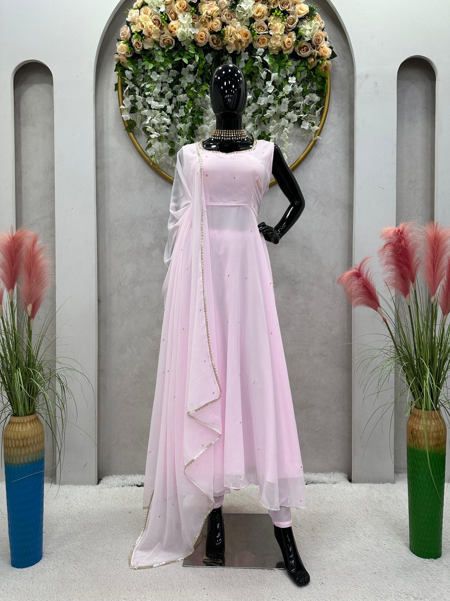 Luxuriant Diamond Work Light Pink Anarkali Gown