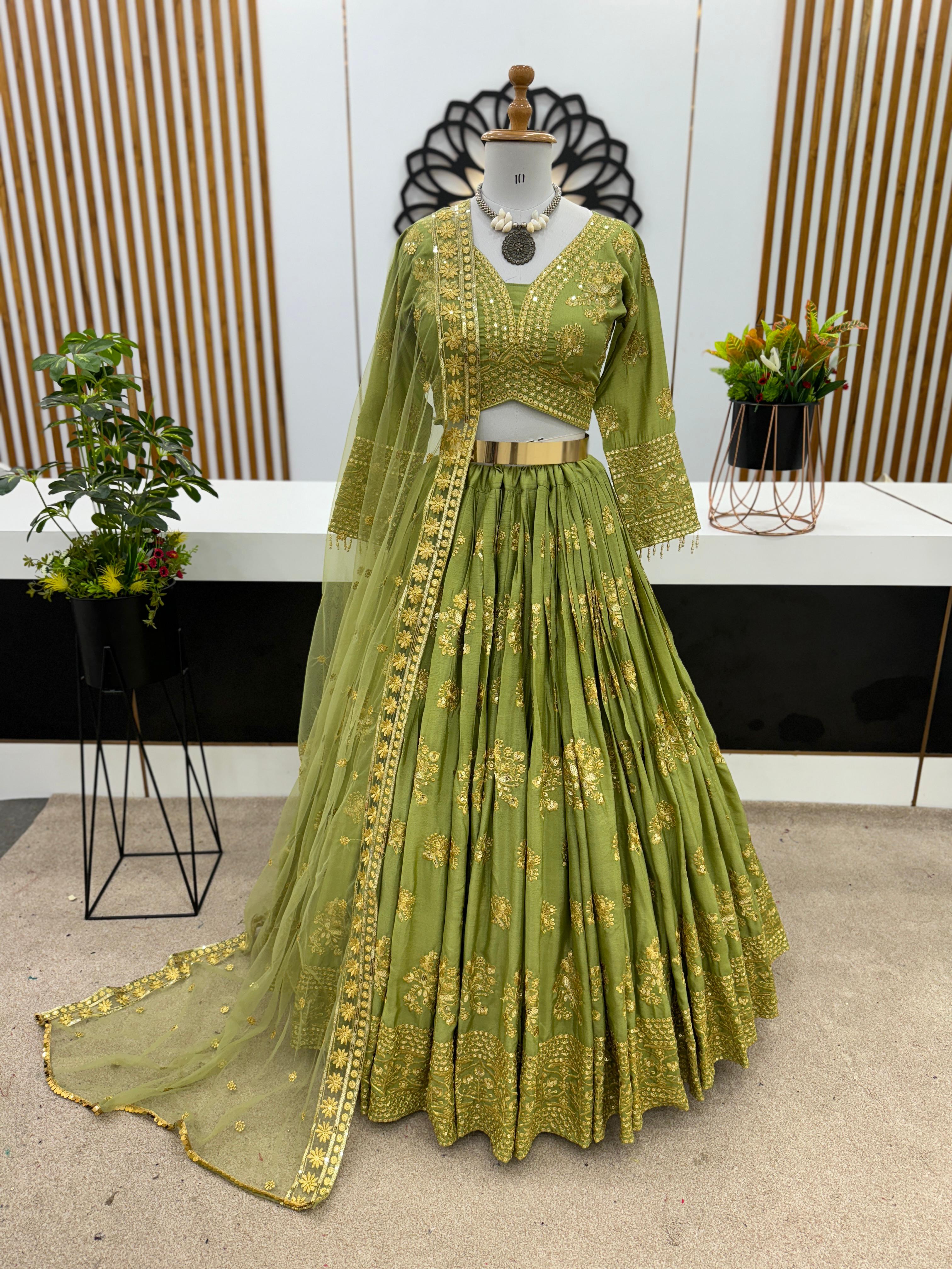 Glittering Heavy Embroidery Sequence Work Green Lehenga Choli