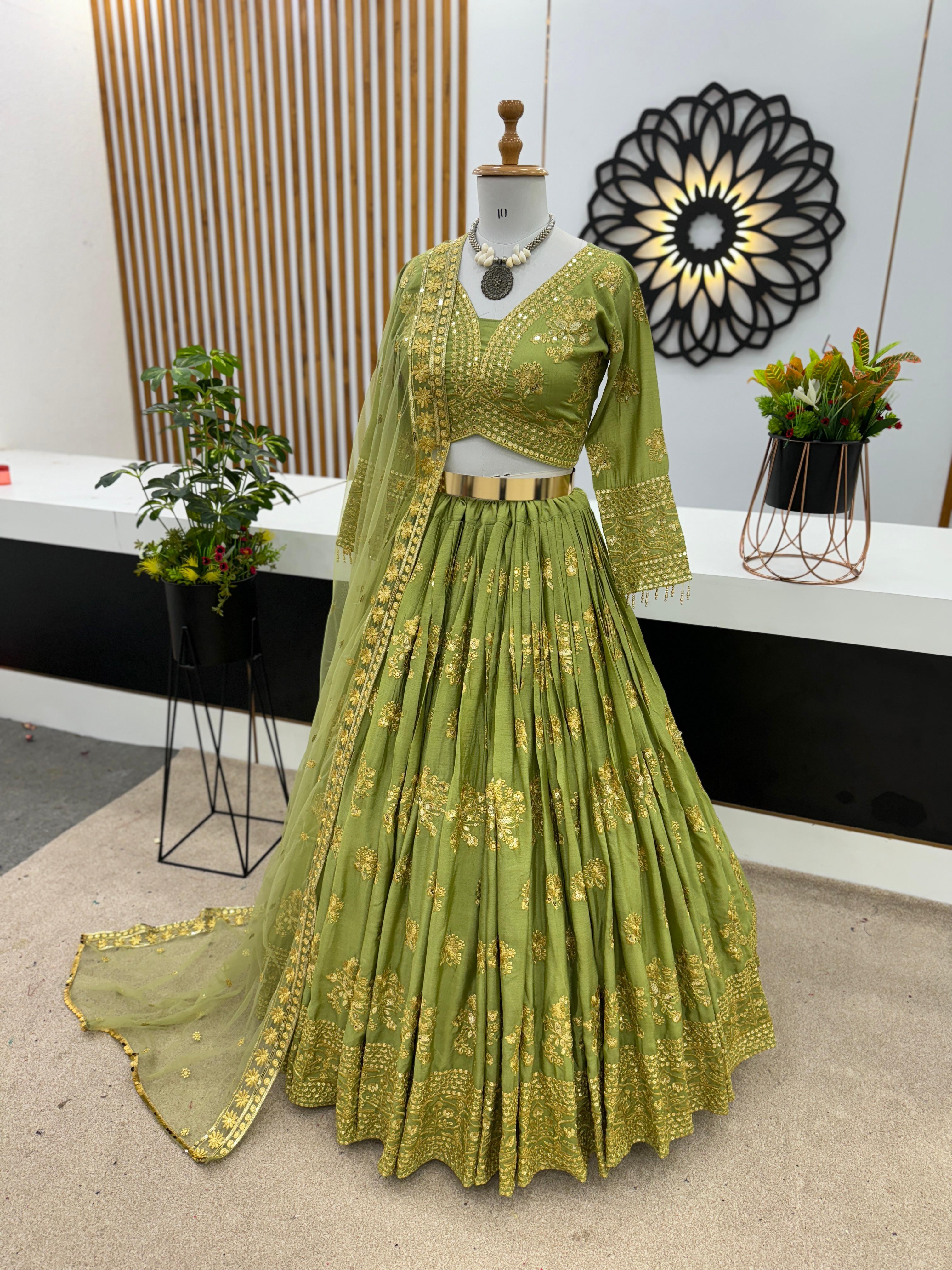 Glittering Heavy Embroidery Sequence Work Green Lehenga Choli