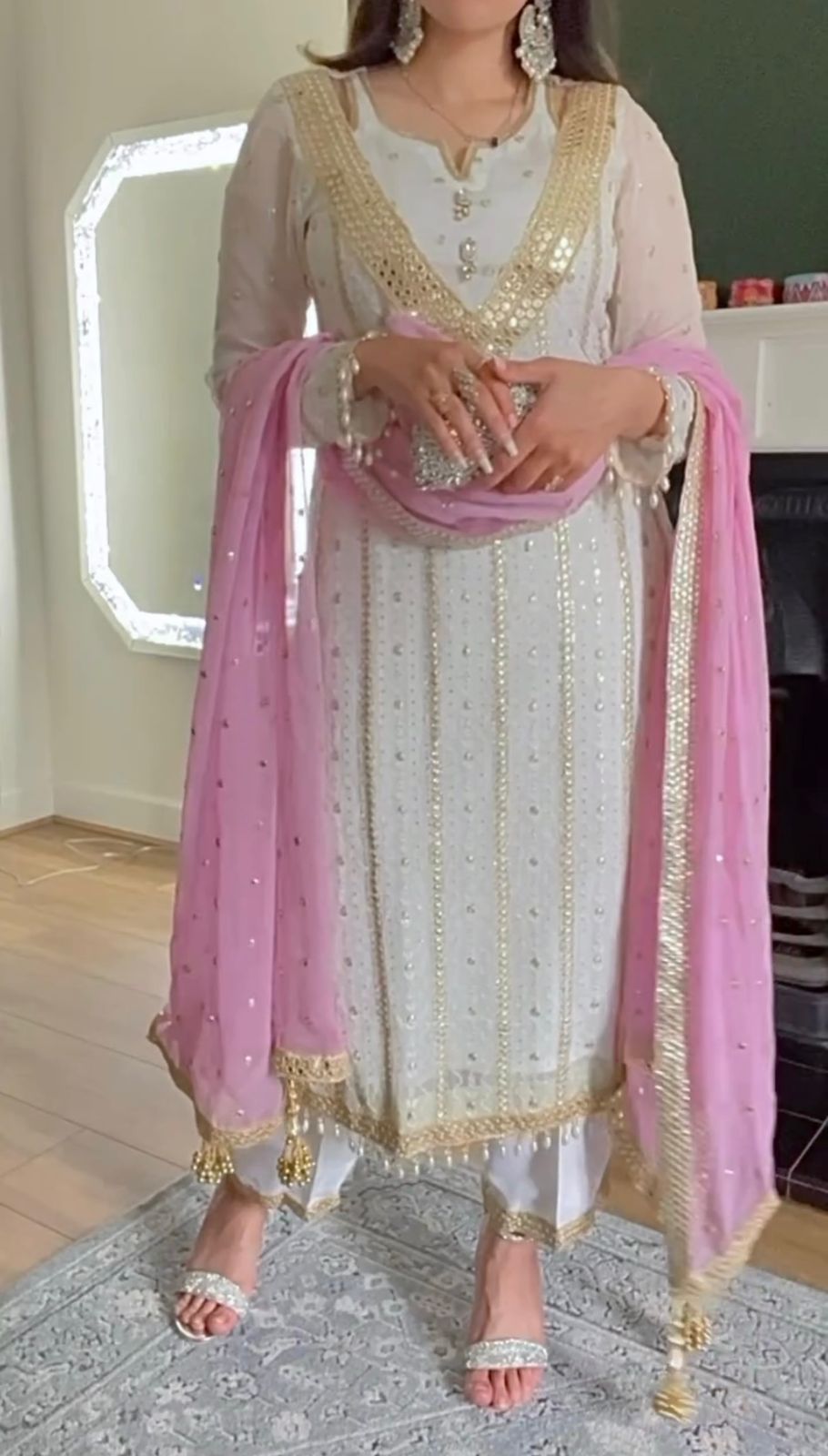 Pakistani Style Full Work White Kurti Pant With Pink Dupatta