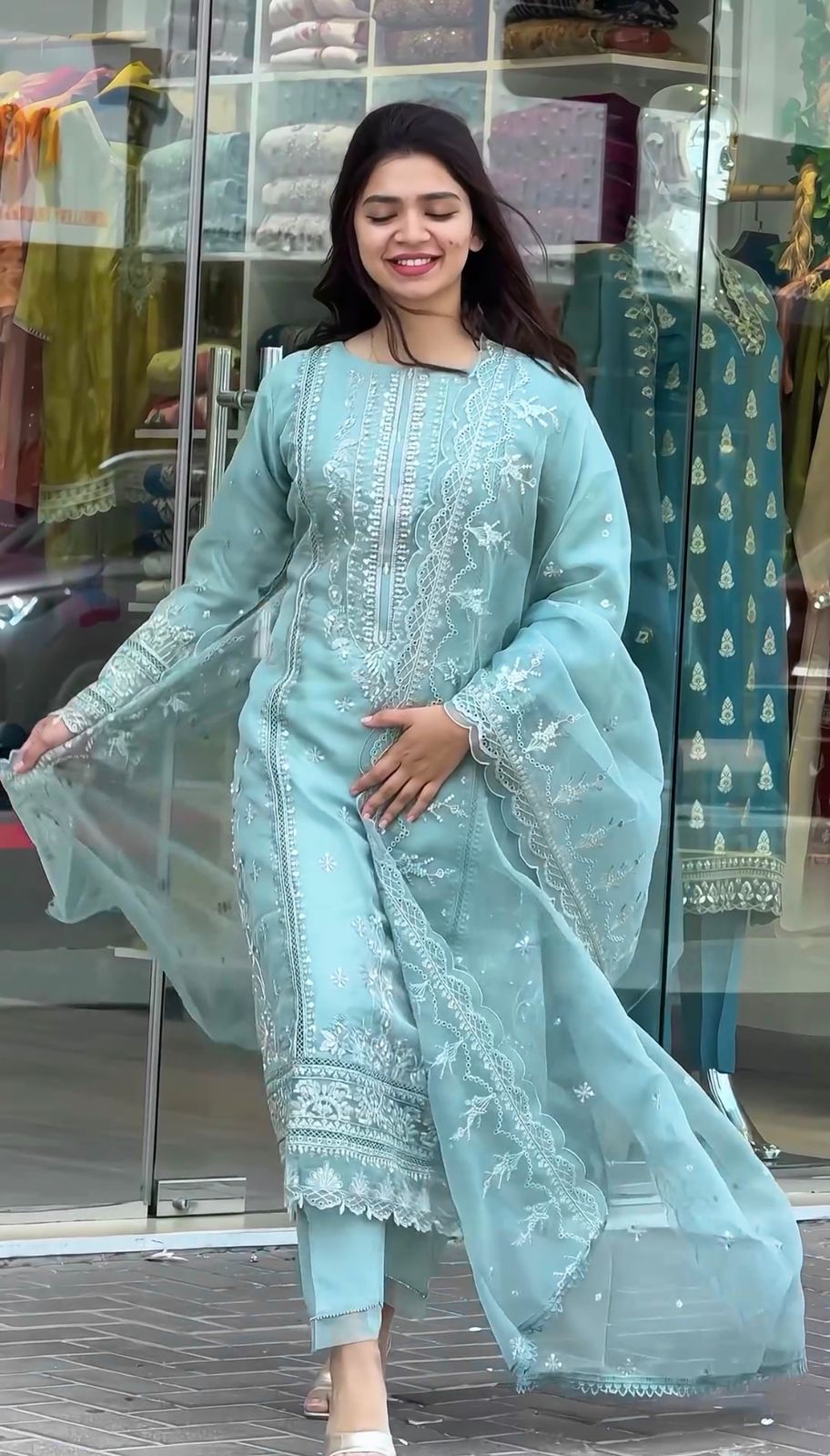 Sky Blue Color Embroidery Work Organza Pakistani Suit