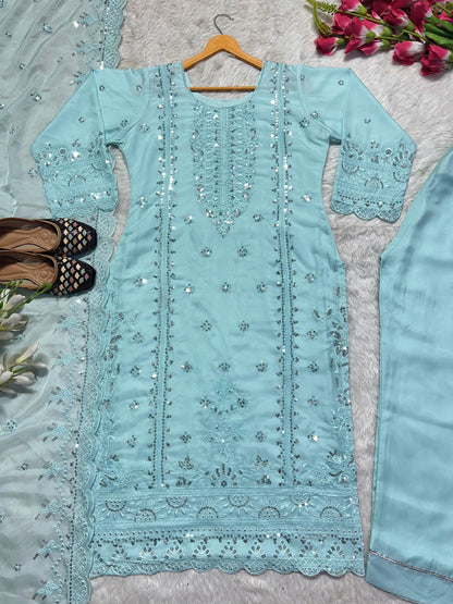 Sky Blue Color Embroidery Work Organza Pakistani Suit