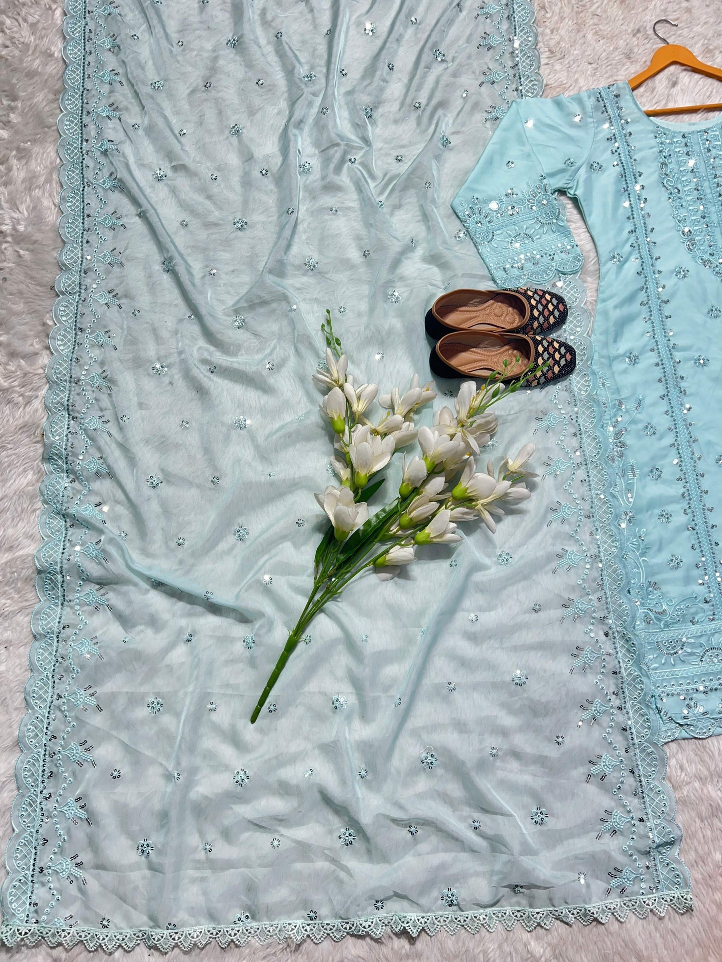 Sky Blue Color Embroidery Work Organza Pakistani Suit