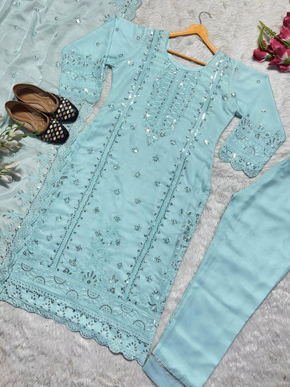 Sky Blue Color Embroidery Work Organza Pakistani Suit