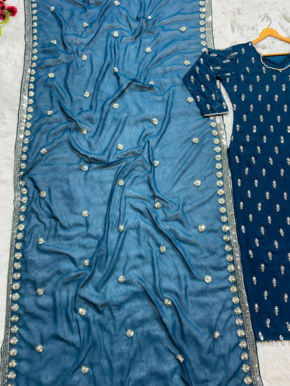 Festive Wear Moti Hand Work Blue Color Salwar Suit