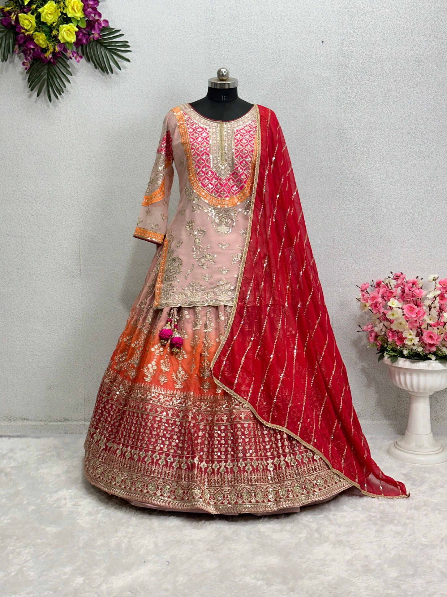 Shining Peach Shade Sequence Work Top With Lehenga