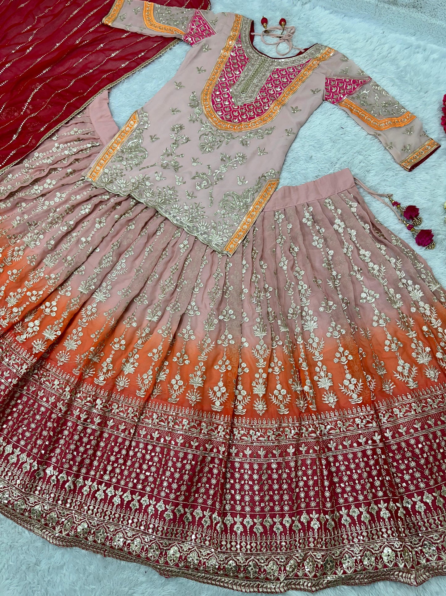 Shining Peach Shade Sequence Work Top With Lehenga