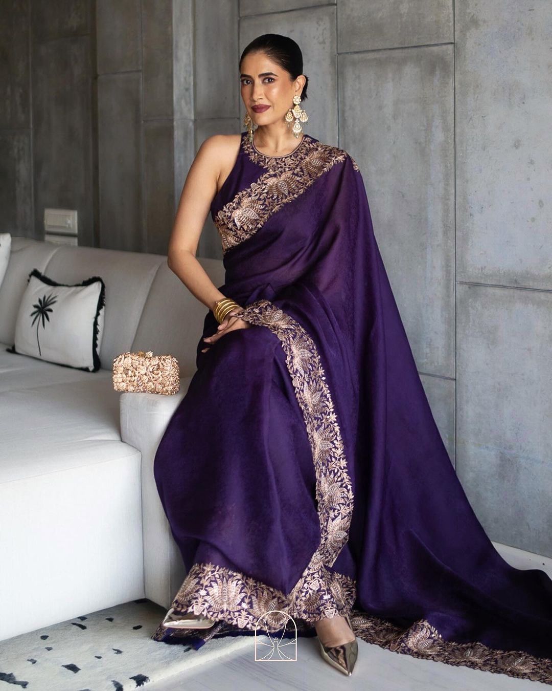 Beautiful Gold Zari Border Purple Color Heavy Saree