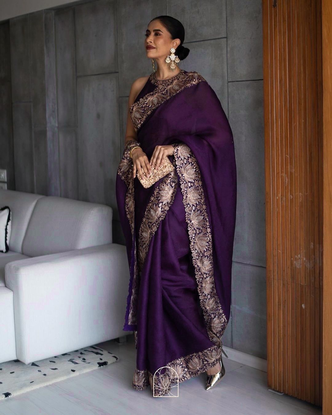 Beautiful Gold Zari Border Purple Color Heavy Saree