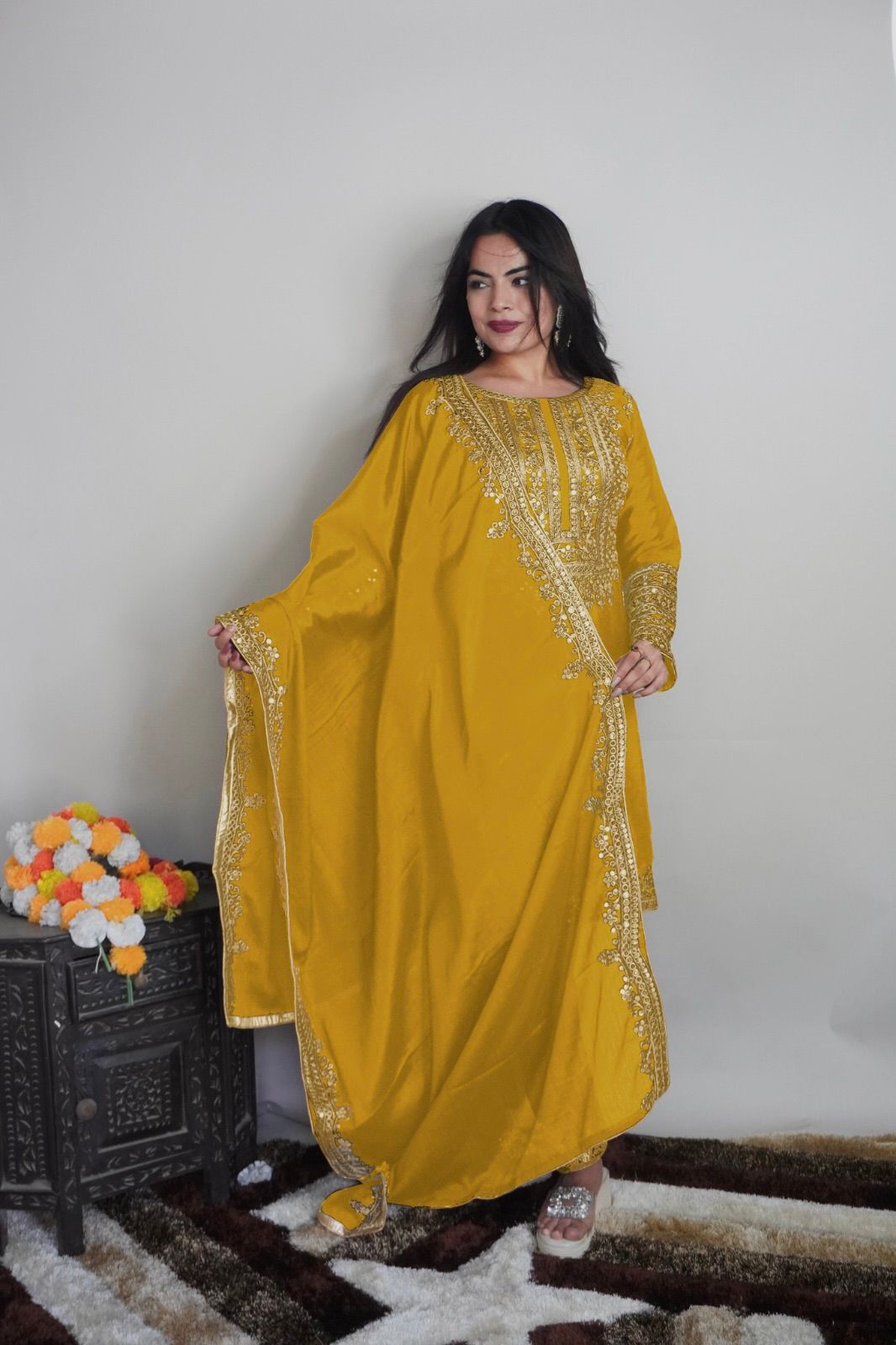 Elegant Full Sleeve With Work Yellow Color Salwar Suit