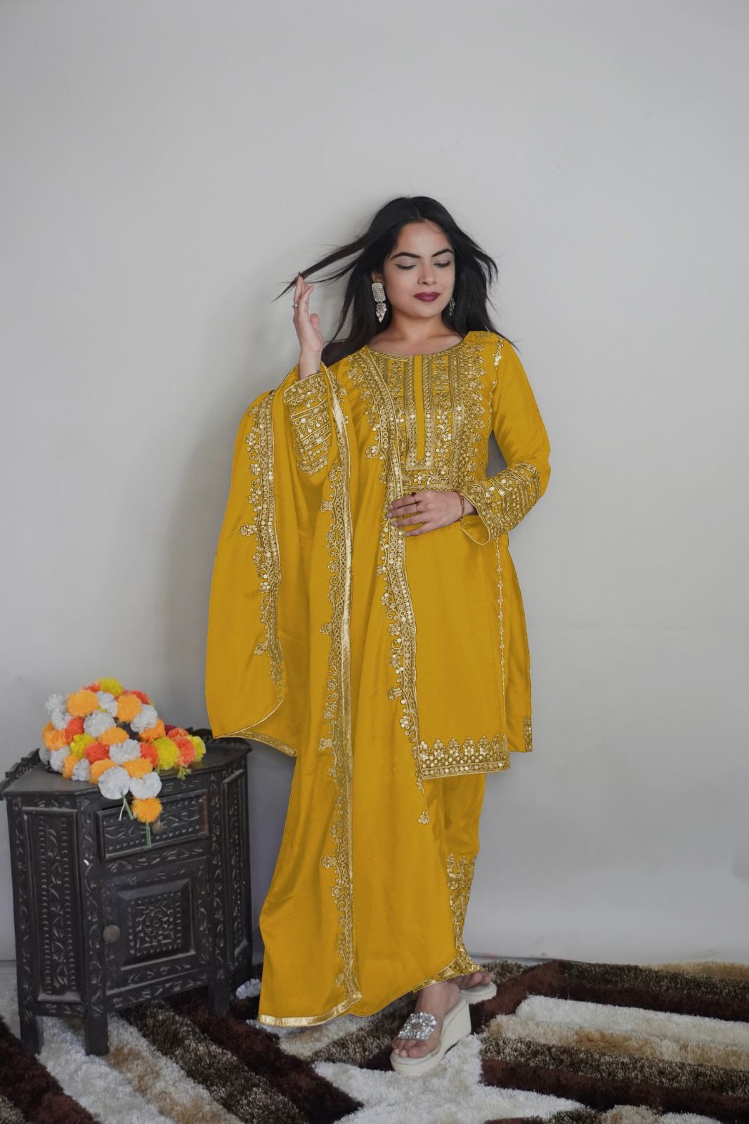 Elegant Full Sleeve With Work Yellow Color Salwar Suit