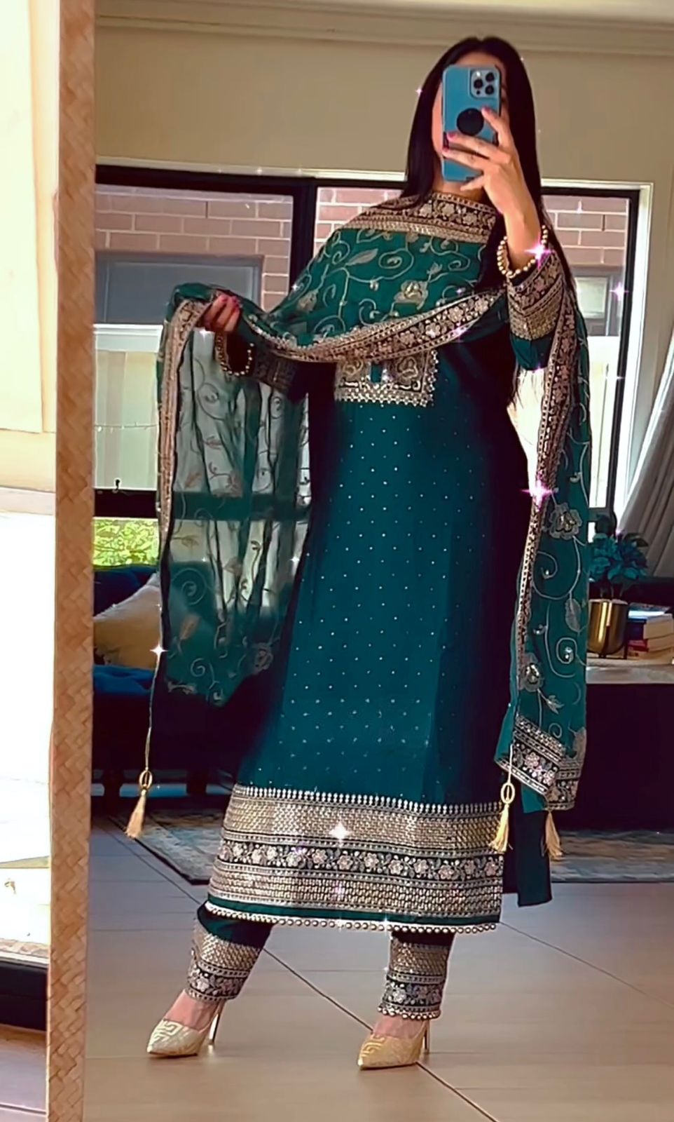 Heavy Embroidery Sequence Work Teal Blue Pakistani Suit