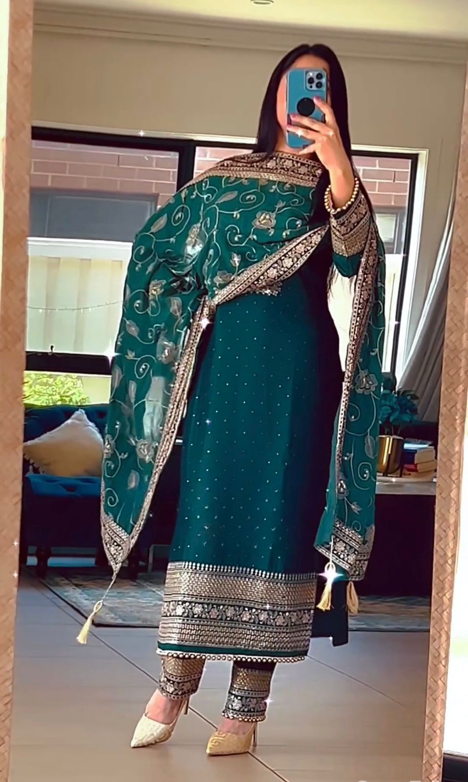 Heavy Embroidery Sequence Work Teal Blue Pakistani Suit