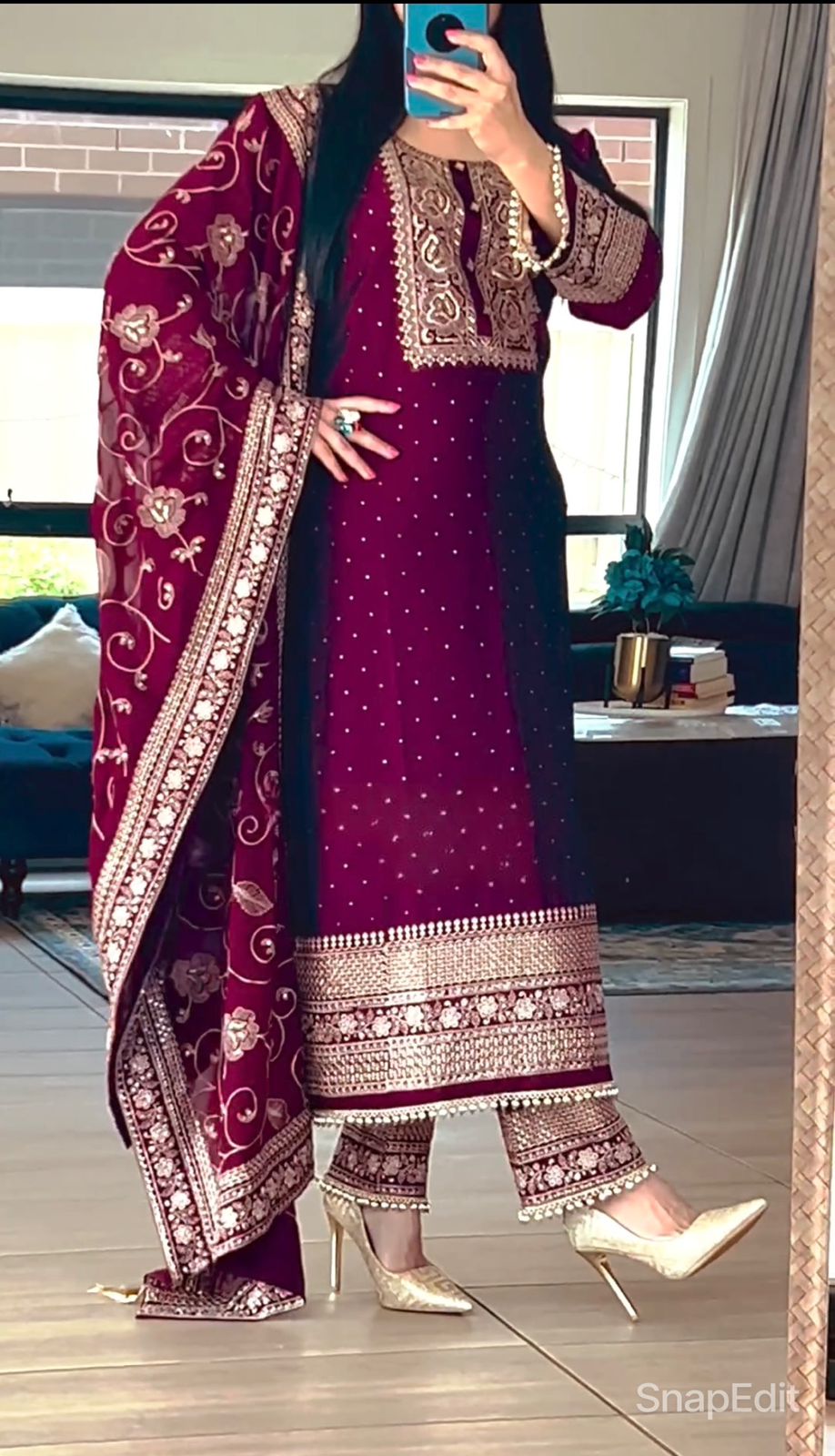 Heavy Embroidery Sequence Work Wine Pakistani Suit