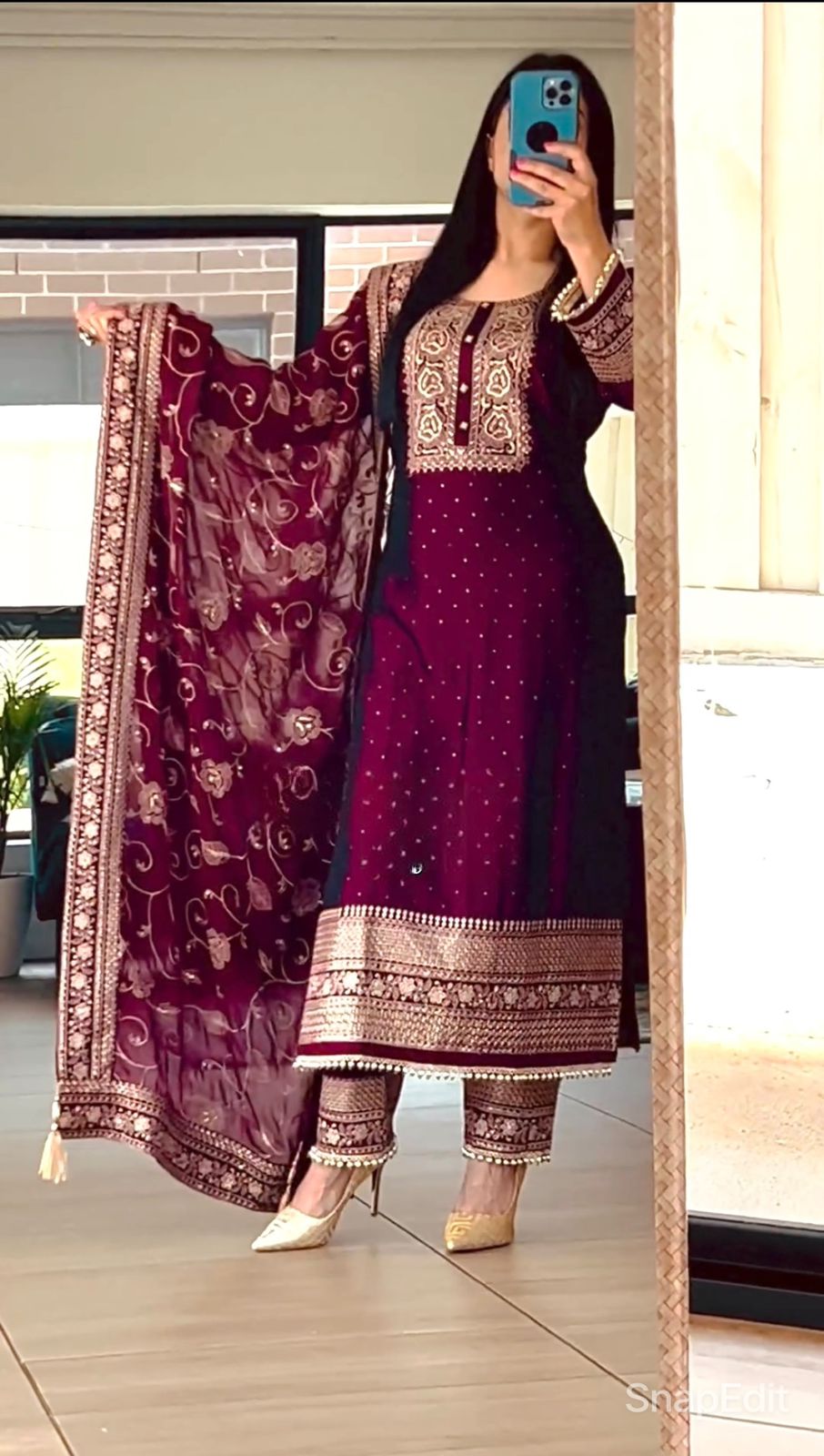 Heavy Embroidery Sequence Work Wine Pakistani Suit