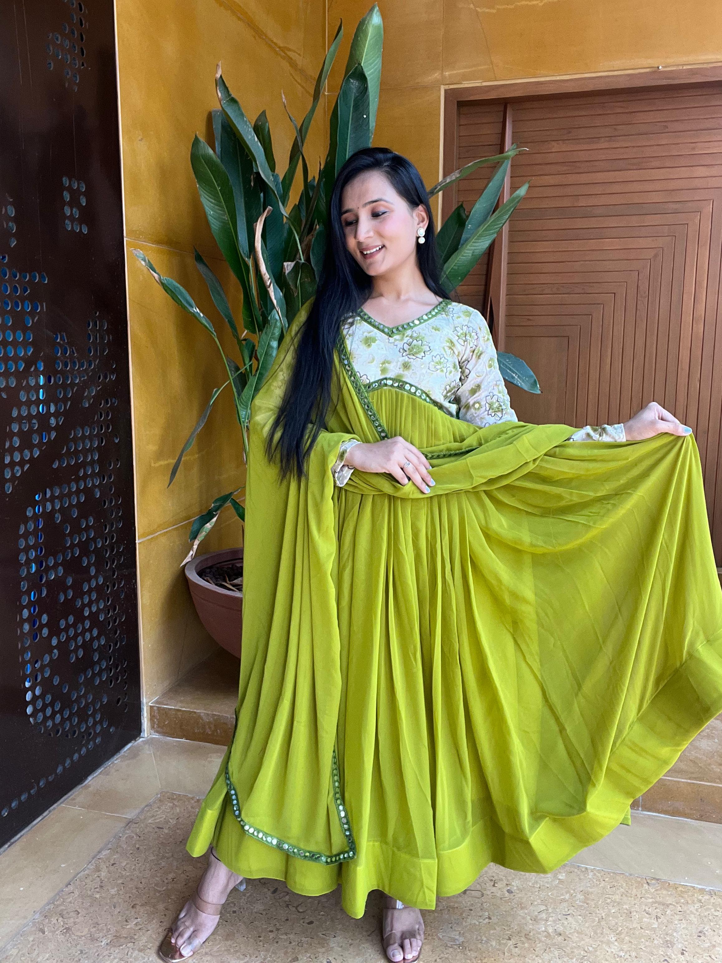 Festive Wear Green Color Print With Work Anarkali Gown