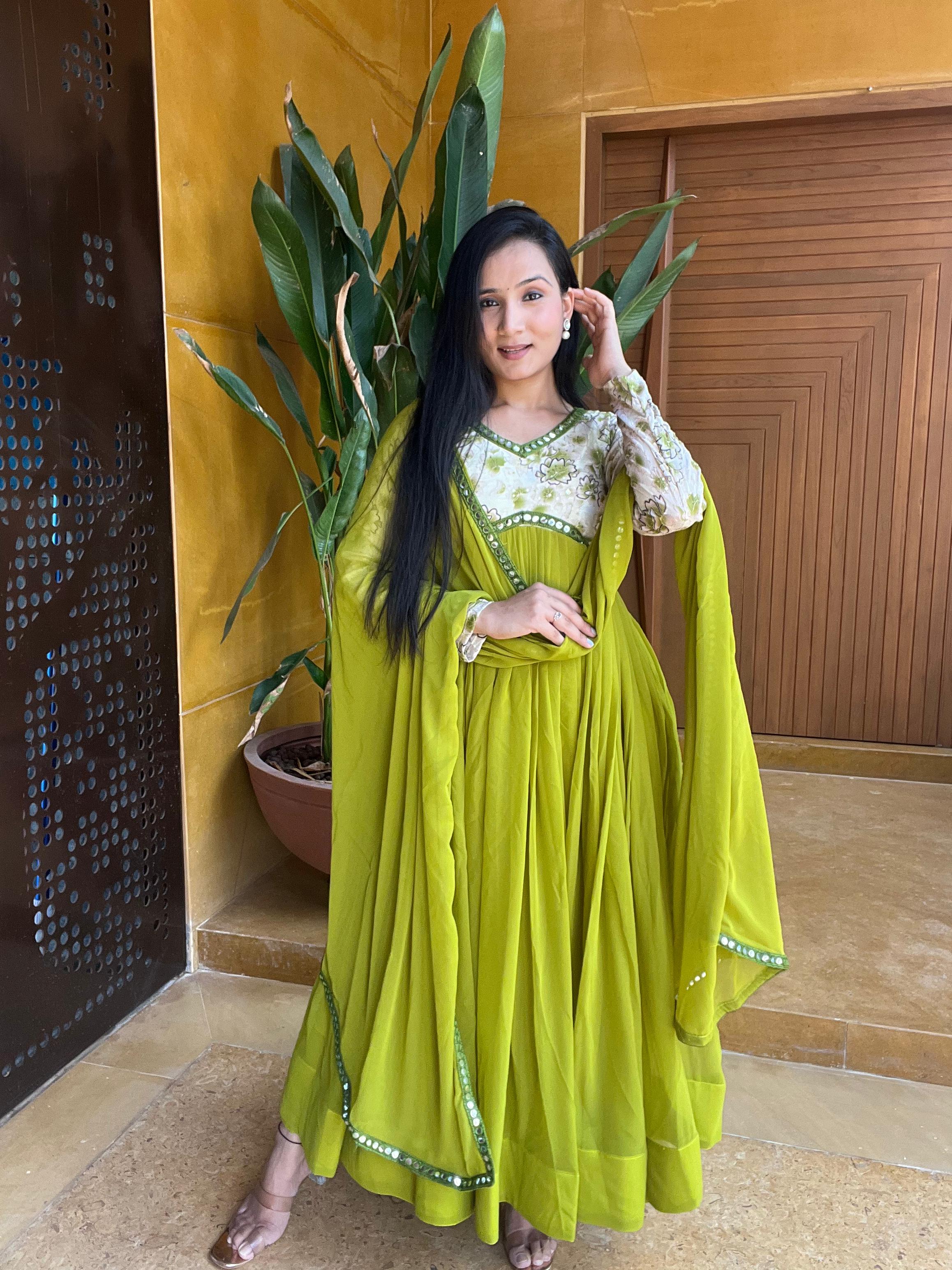 Festive Wear Green Color Print With Work Anarkali Gown